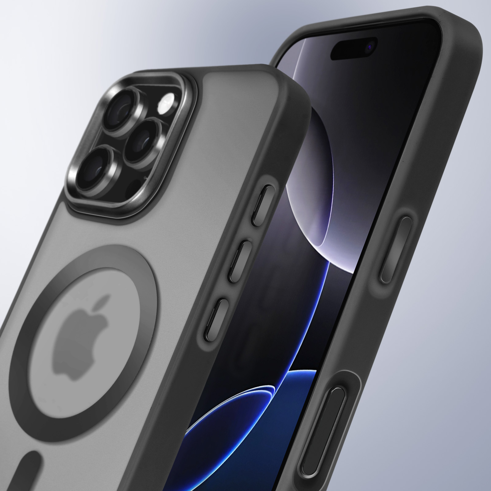 Telefono con custodia grigia, logo Apple visibile sul retro. Schermo nero.