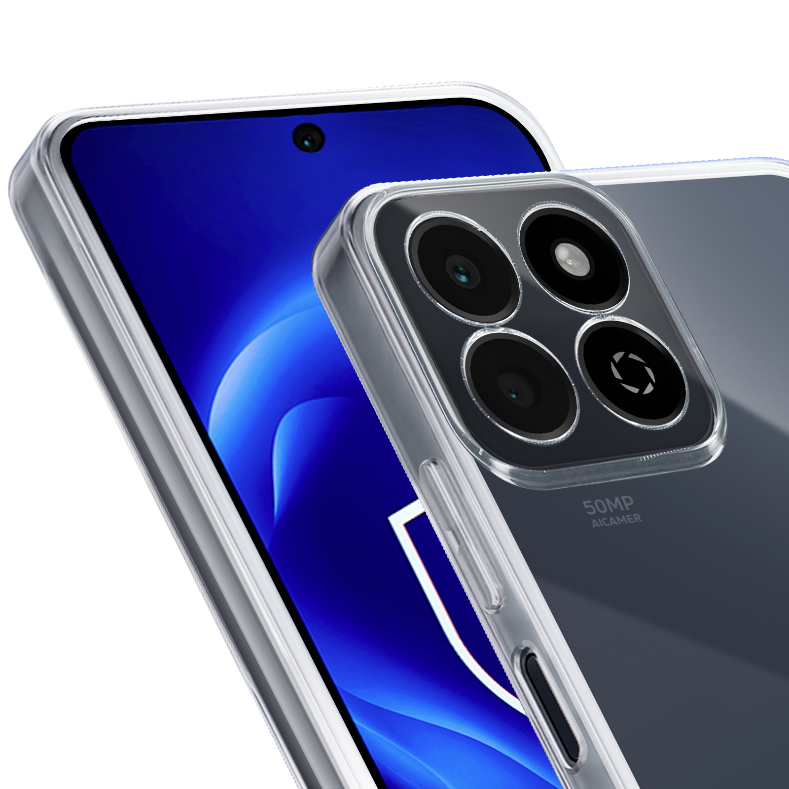 Custodia trasparente con un telefono all'interno. Il telefono ha 4 fotocamere. Lo sfondo è sfocato.