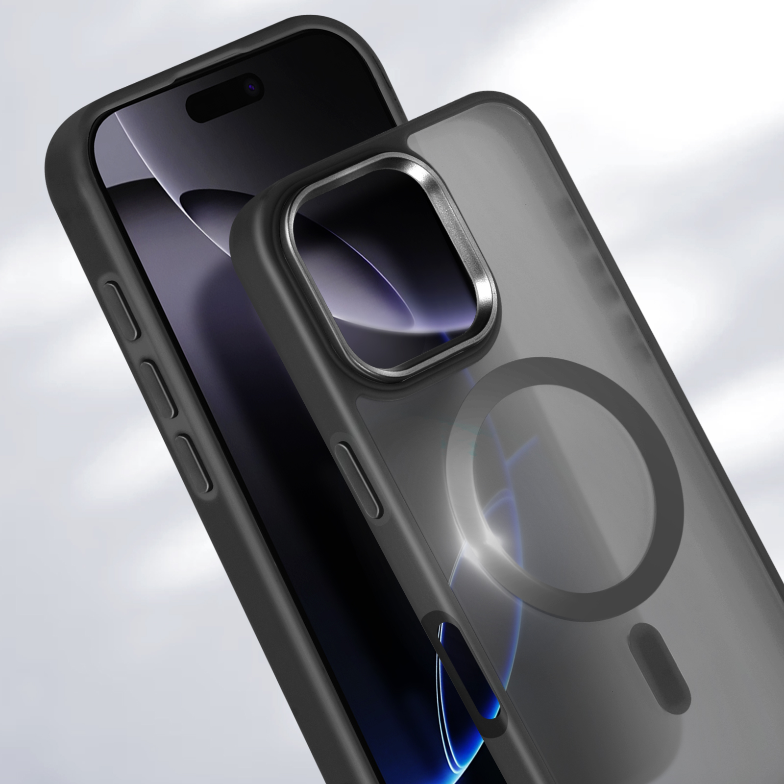 Custodia per telefono nera con un telefono all'interno. La custodia copre l'area della fotocamera.