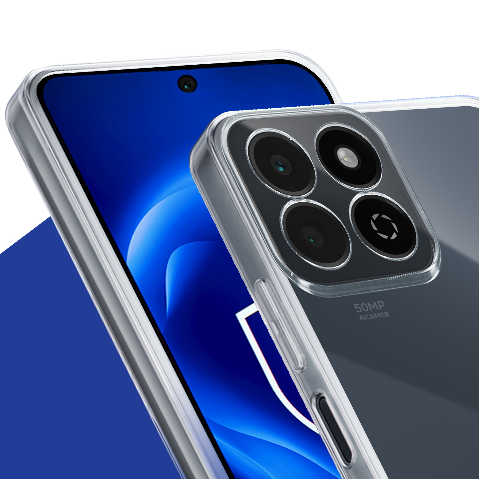 Custodia per telefono con telefono all'interno. Custodia trasparente che mostra la fotocamera del telefono. Il telefono è blu sul retro.