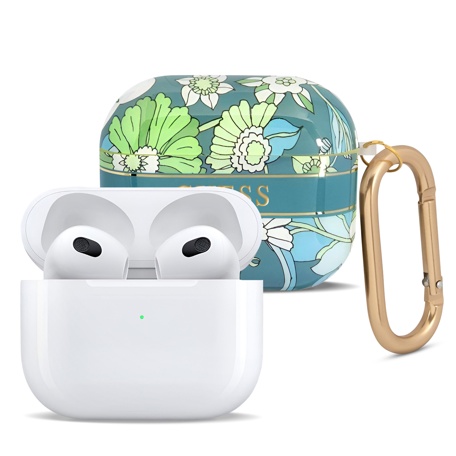 Auriculares blancos en un estuche blanco y un estuche floral azul y verde. Hay un gancho dorado en el estuche floral.