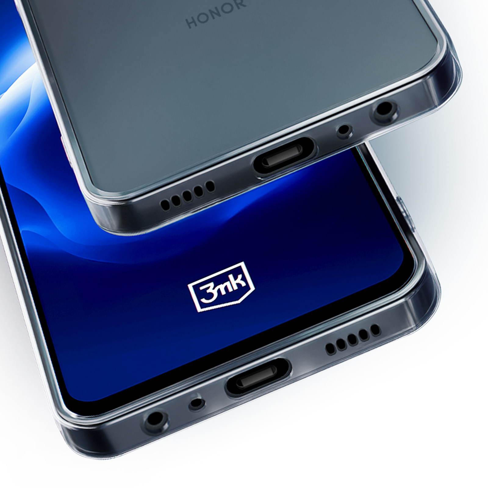 Due custodie trasparenti per telefono, una sopra l'altra, che mostrano i dettagli del telefono e il logo 3mk.
