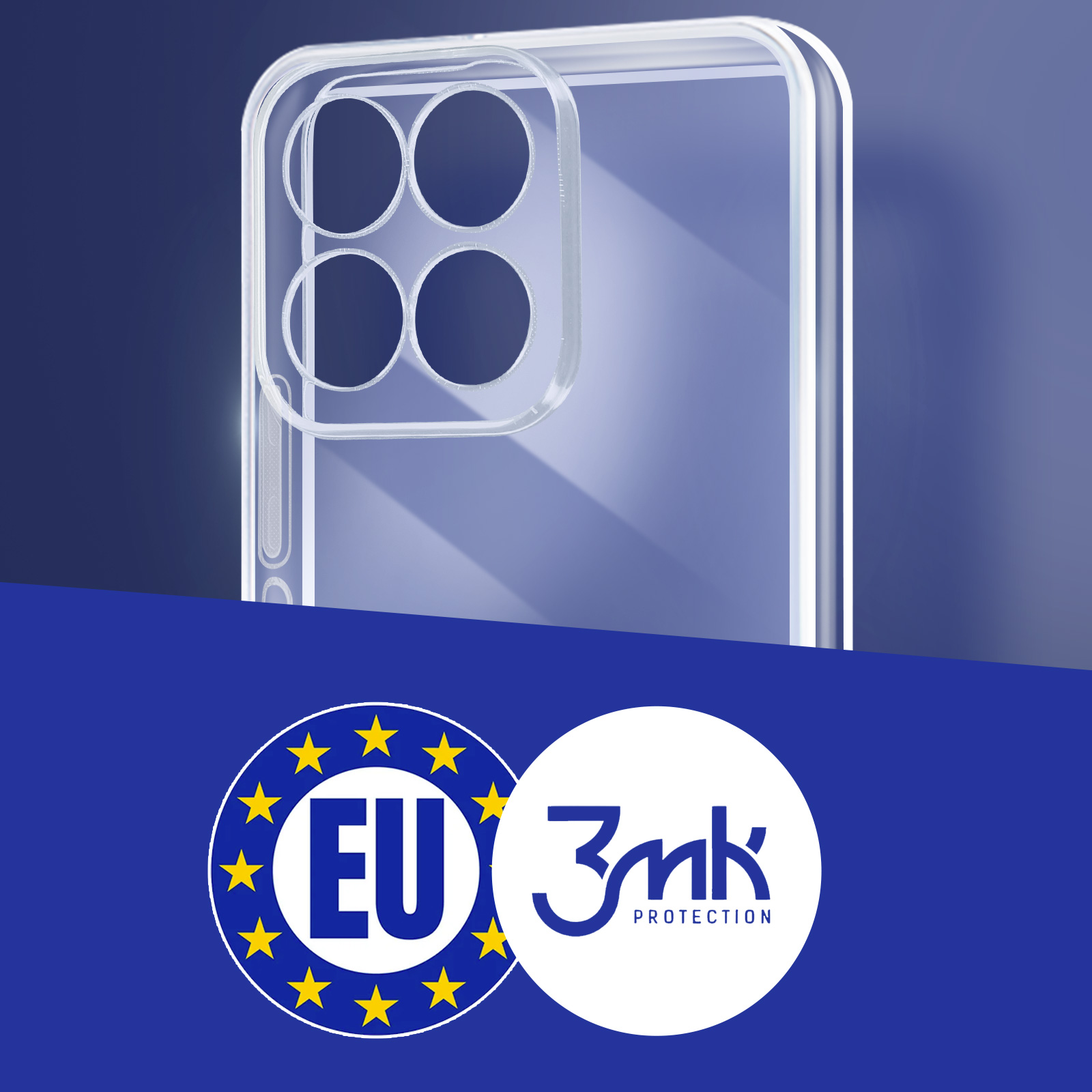 Custodia trasparente per telefono con loghi UE e 3mk. Sfondo blu, che mostra la trasparenza della custodia.