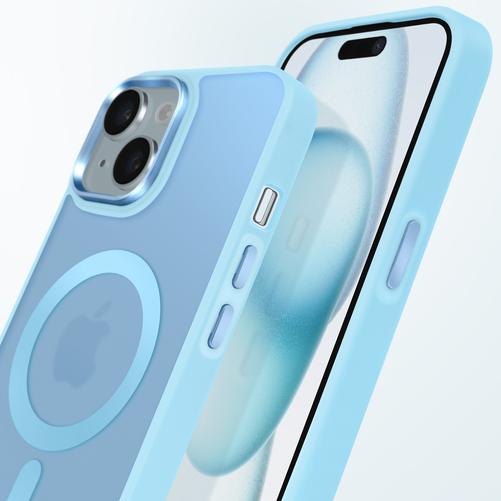 Custodia blu per telefono con retro trasparente. Il logo Apple e i pulsanti laterali sono visibili. Il telefono è all'interno della custodia.