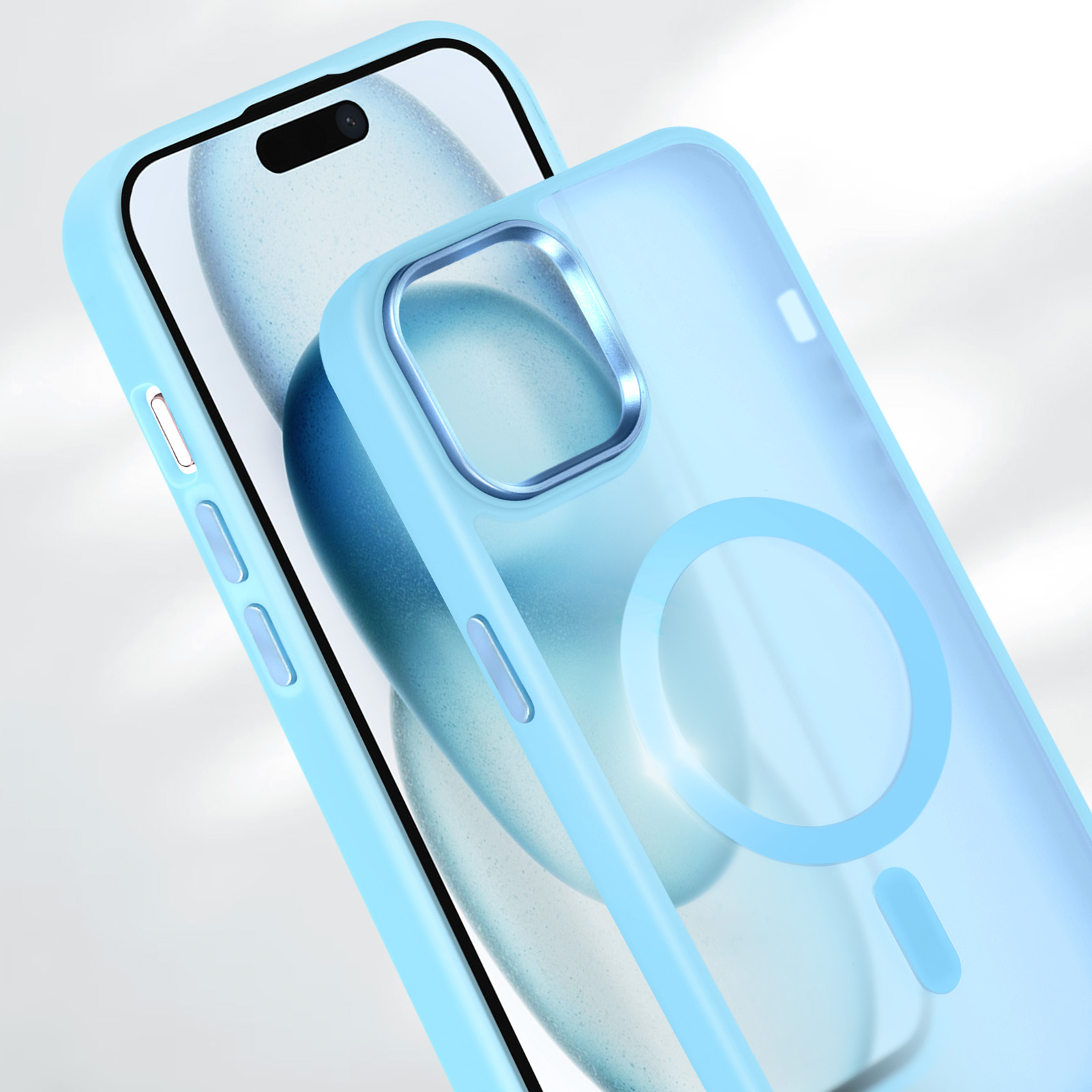 Custodia per telefono azzurra sopra uno schermo del telefono. Pulsanti blu. Sfondo bianco.