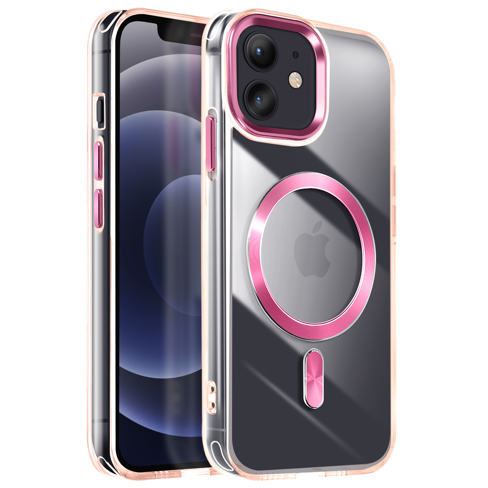 Un telefono con una custodia trasparente con bordi rosa e un cerchio rosa sul retro.