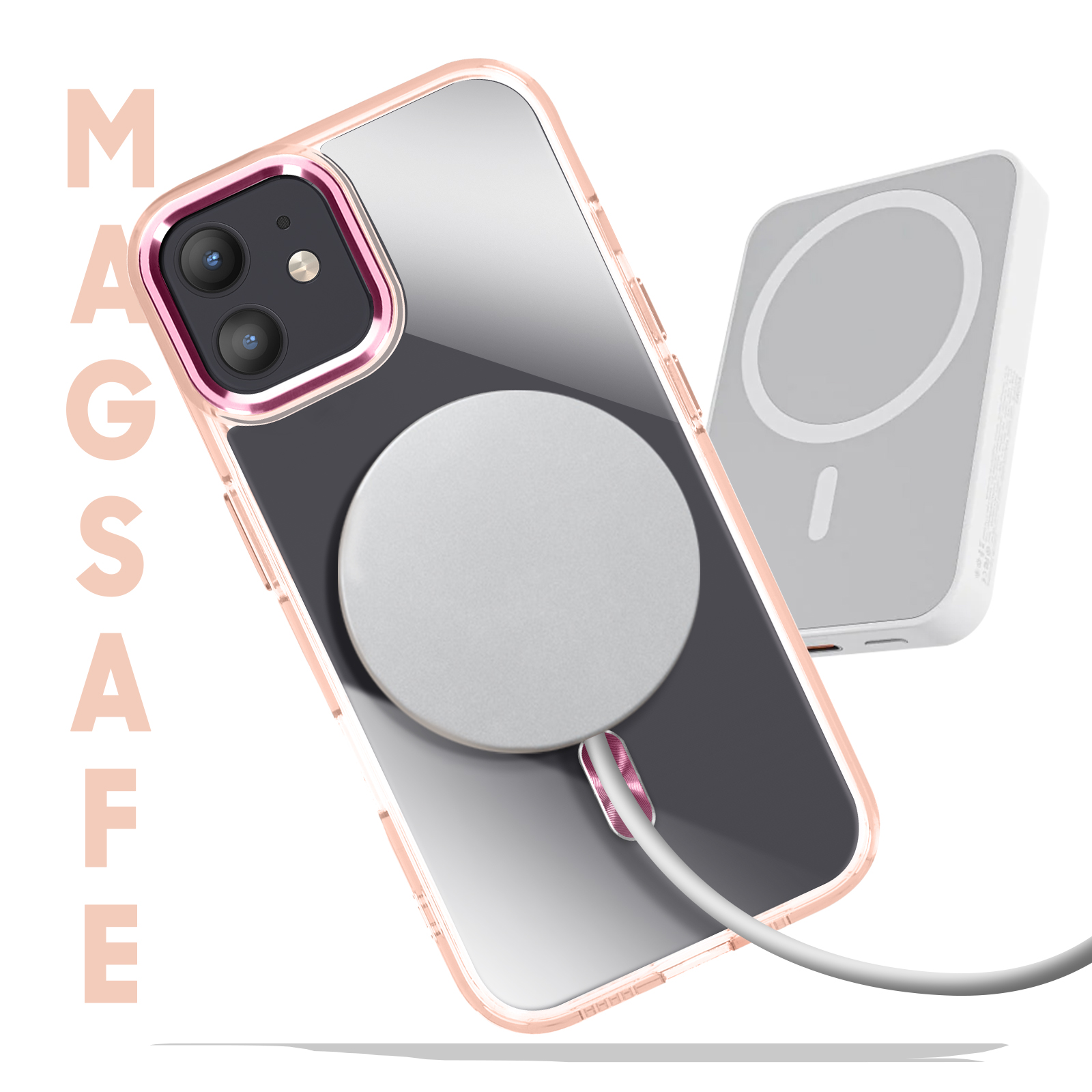 Custodia trasparente con MagSafe. Cornice rosa, caricatore MagSafe argento.