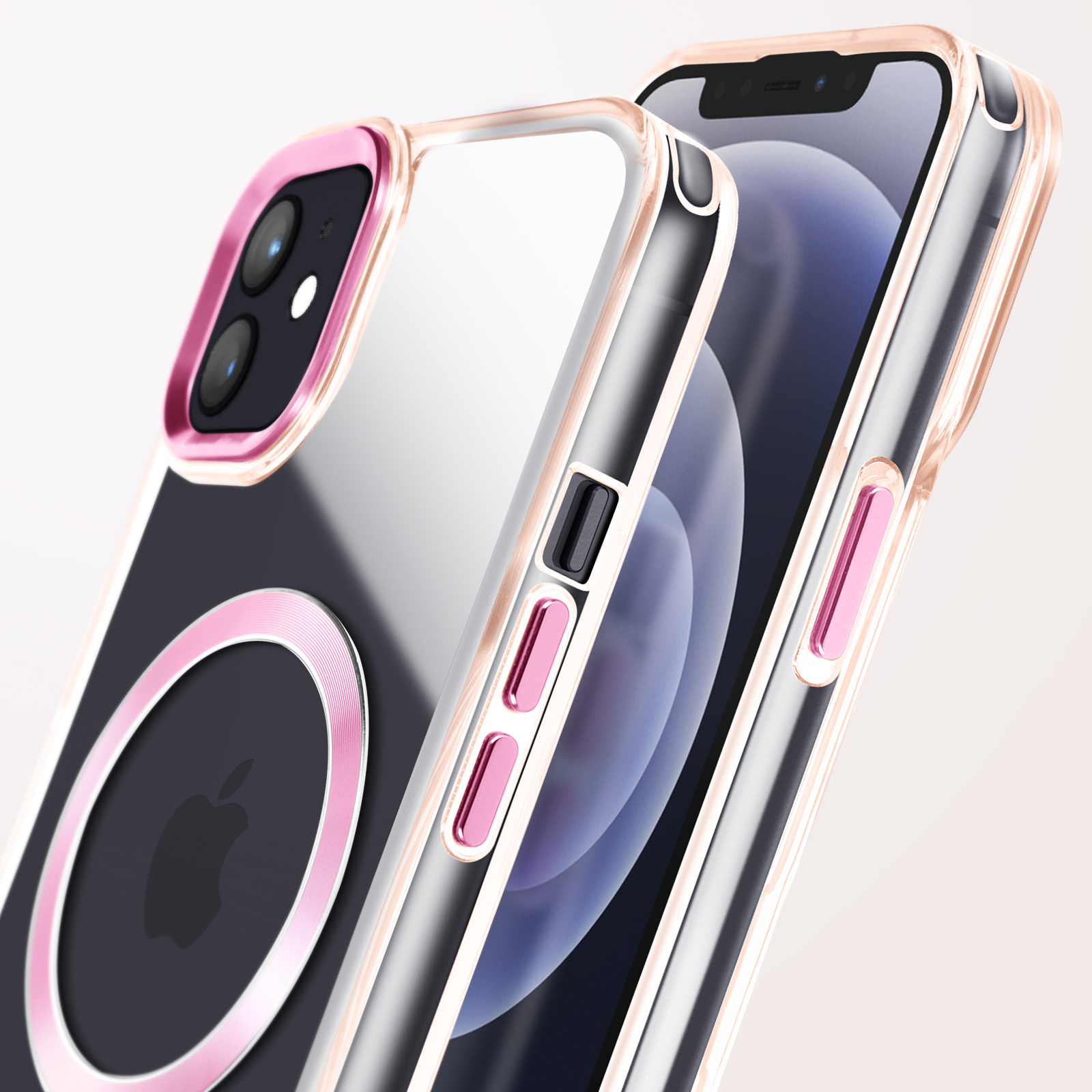 Custodia per telefono con retro trasparente e cornice rosa. Il telefono ha il logo Apple.