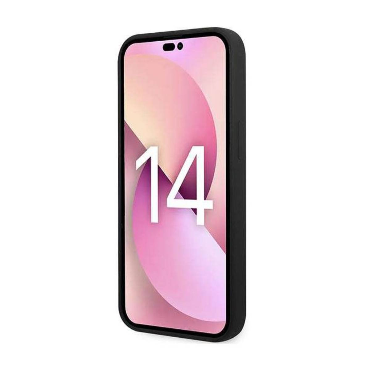 Custodia nera con sfondo sfumato rosa e pesca, con il numero 14 sullo schermo.