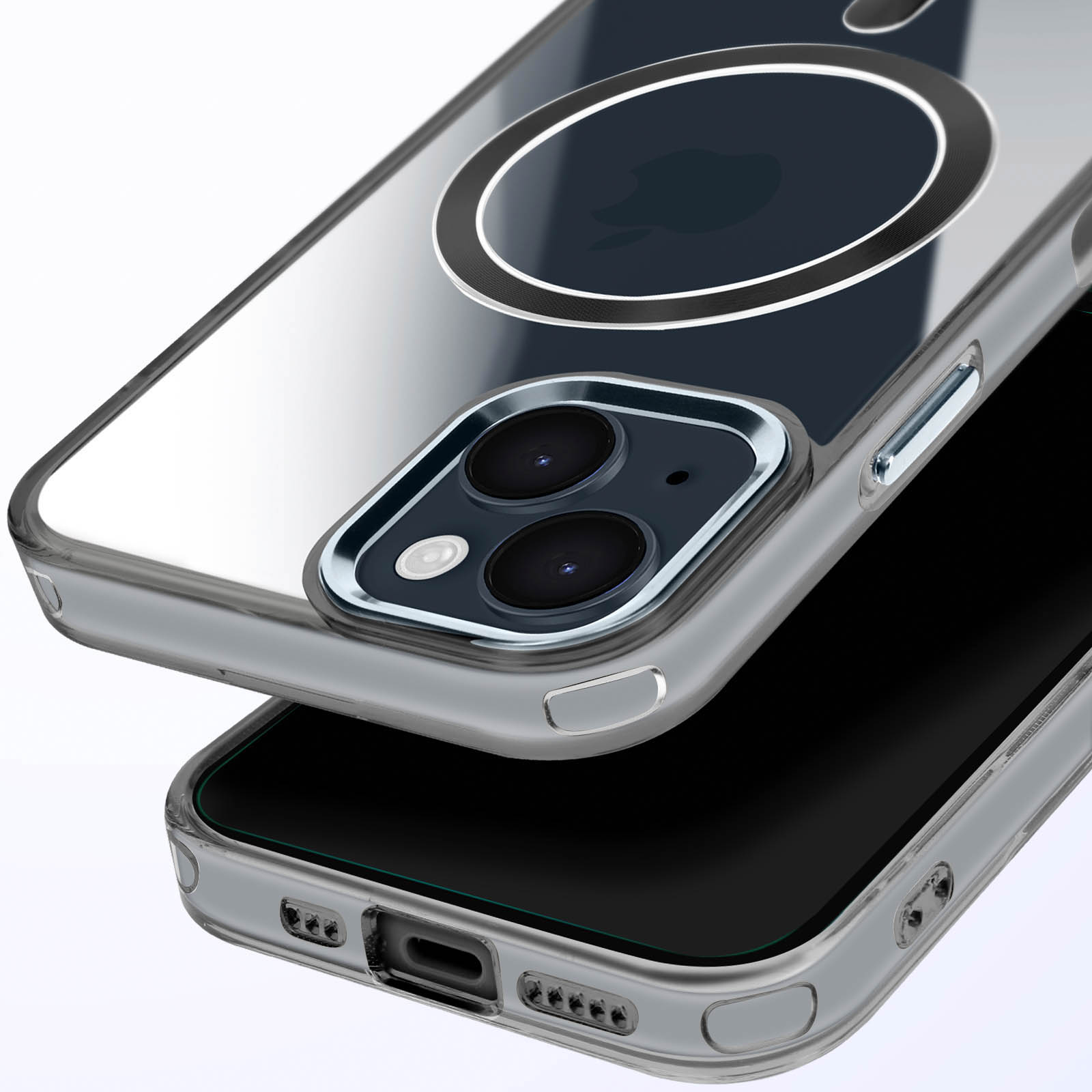 Custodia trasparente con un telefono all'interno. Il telefono ha 3 fotocamere. Lo sfondo è sfocato.