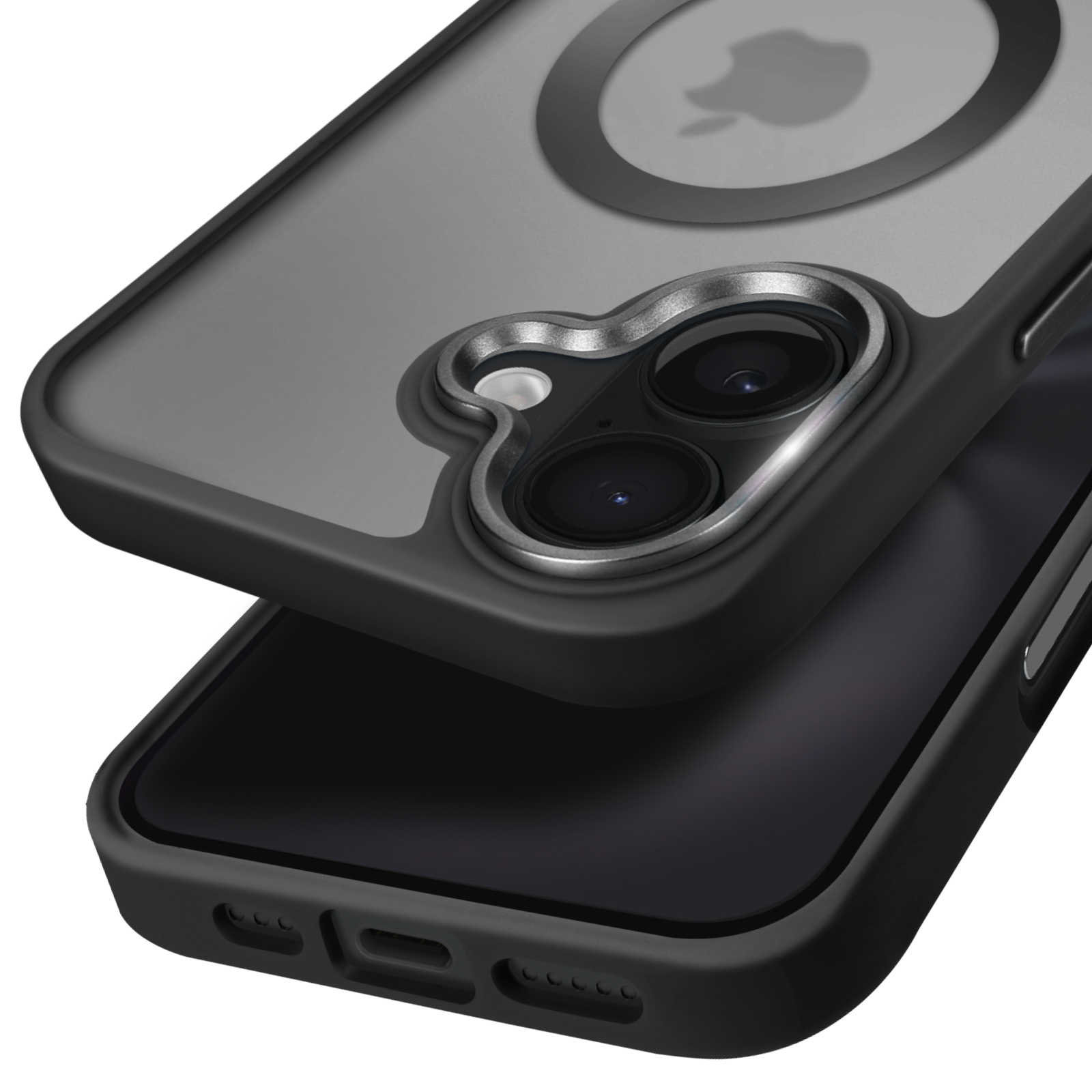 Custodia per telefono nera con bordo scuro sopra un telefono. La custodia ha un cerchio magsafe.
