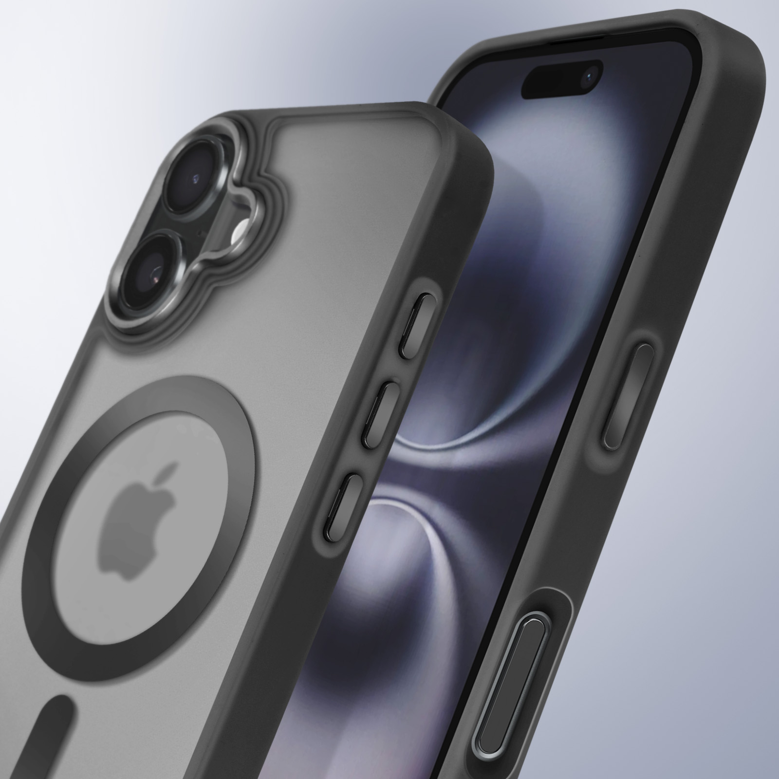 Custodia per telefono su un telefono. La custodia è grigia e ha un logo Apple nero. Il telefono ha uno schermo.