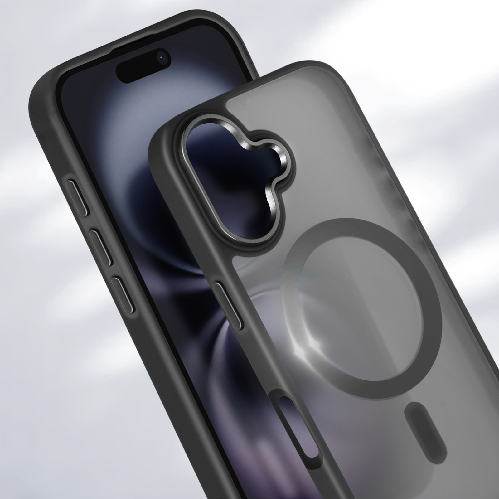 Custodia per telefono nera con cornice grigio scuro. È aperta, mostrando il telefono.