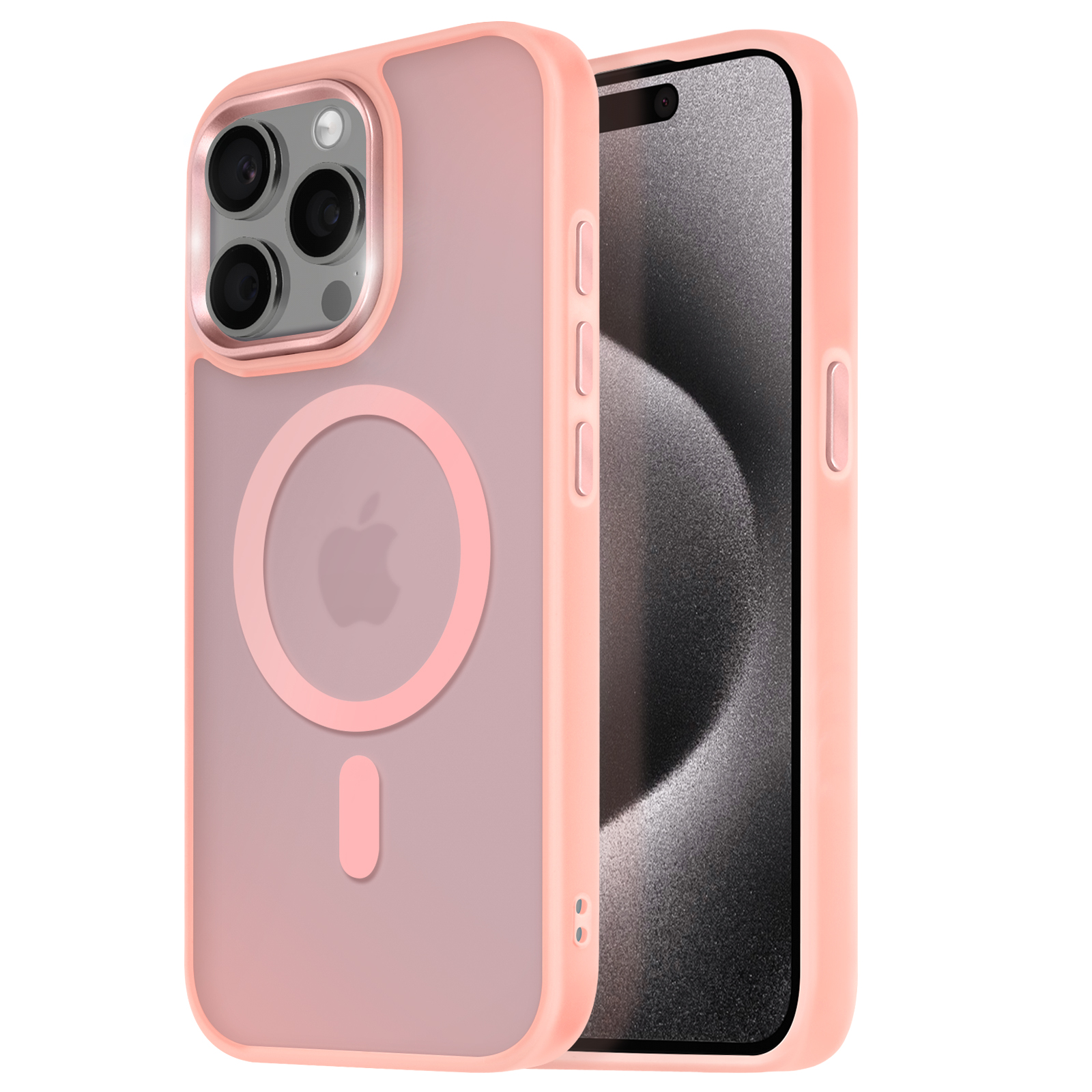 Custodia rosa per telefono con cerchio MagSafe. Telefono a destra, custodia trasparente. Logo Apple visibile.