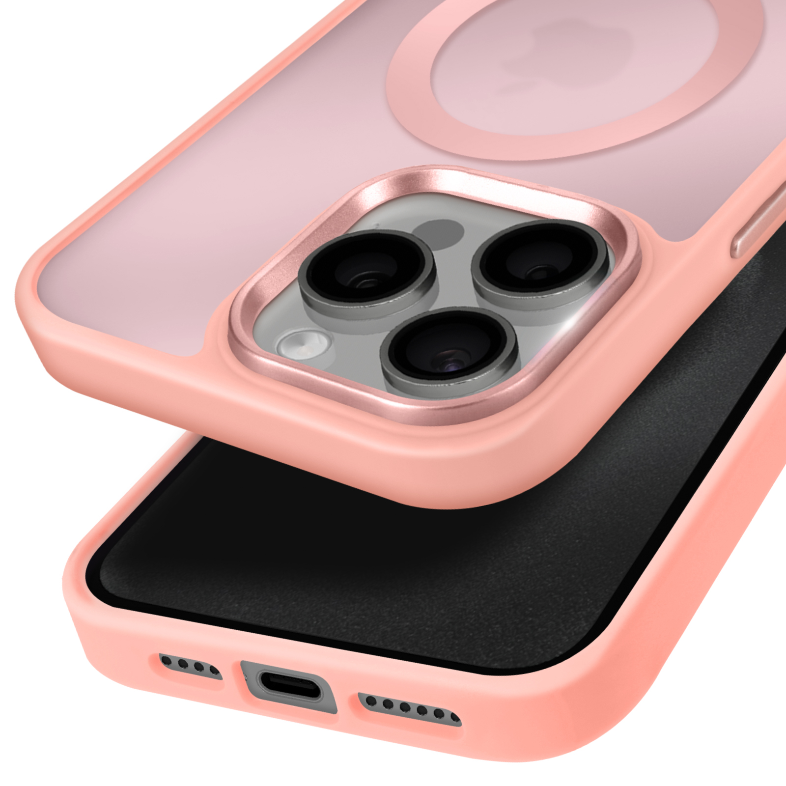 Una custodia per telefono con telefono all'interno, che mostra la parte posteriore e la fotocamera, rosa e nero.