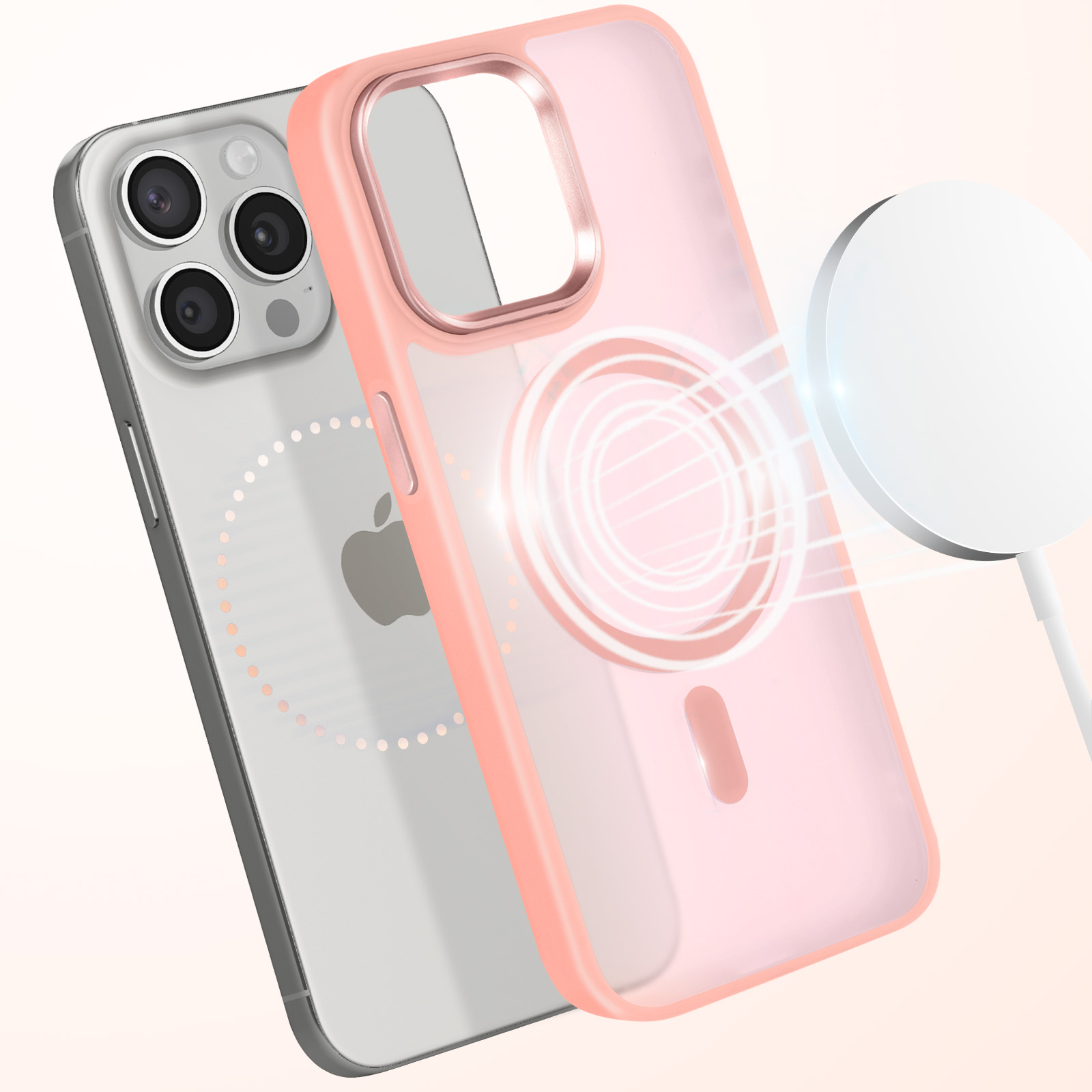 Custodia rosa con base di ricarica bianca e telefono.