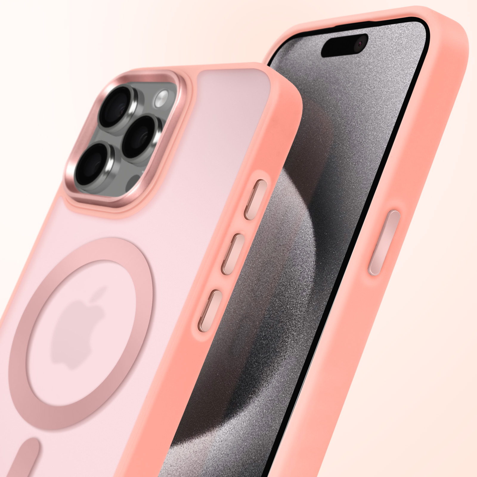 Telefono e custodia rosa. La custodia ha un cerchio magnetico e una cornice rosa.