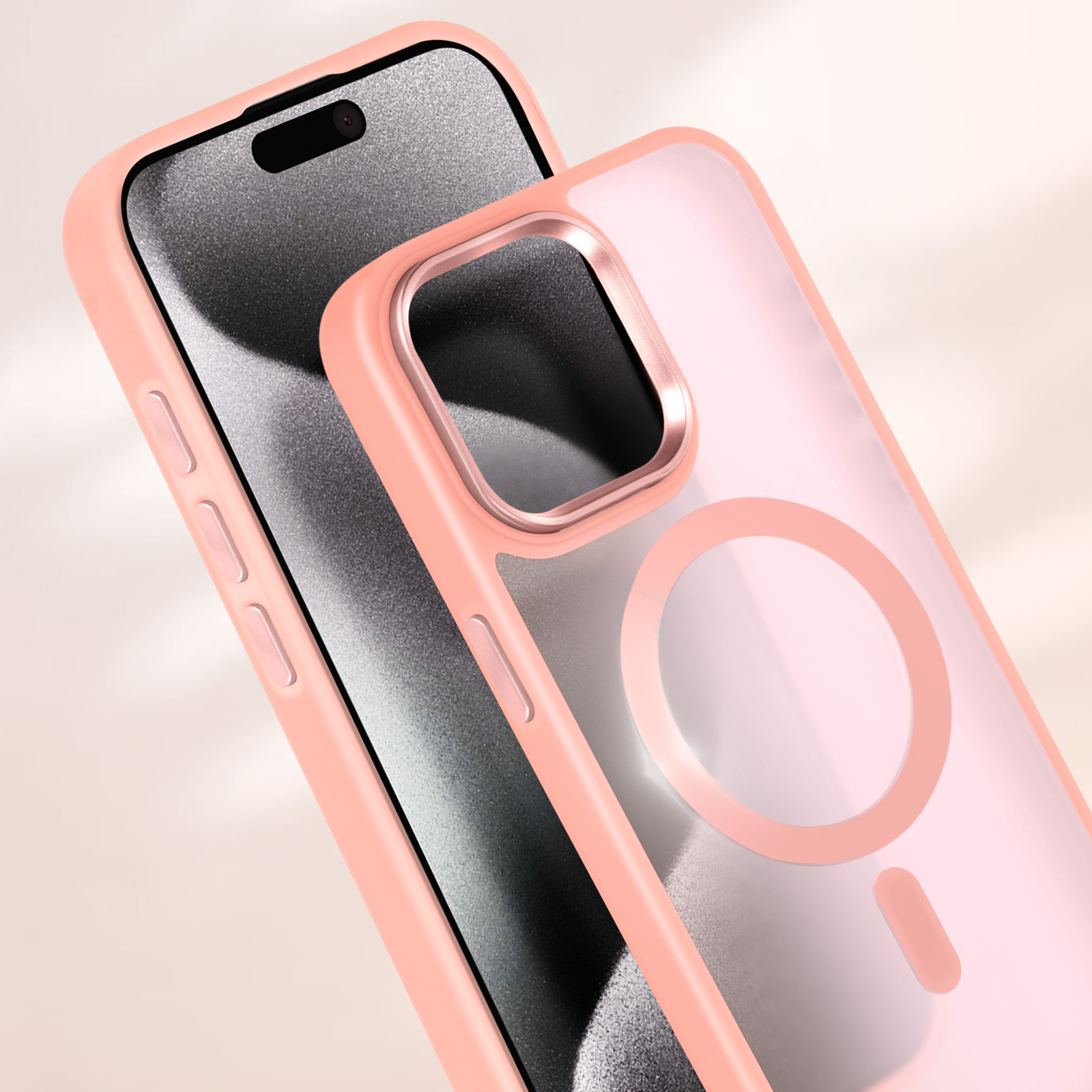 Custodia rosa per telefono con un cerchio magnetico bianco. Il telefono è dentro con una custodia rosa.
