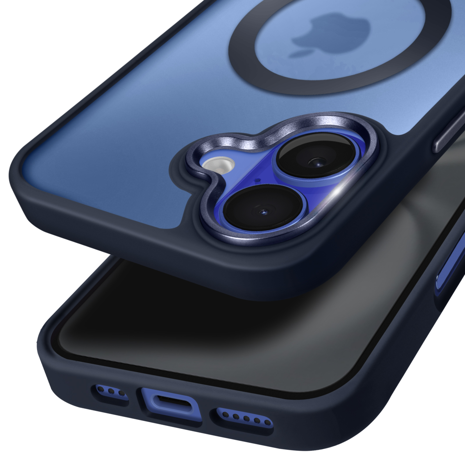 Una custodia per telefono, blu con il logo Apple. Viene mostrato il retro del telefono. La custodia è aperta.