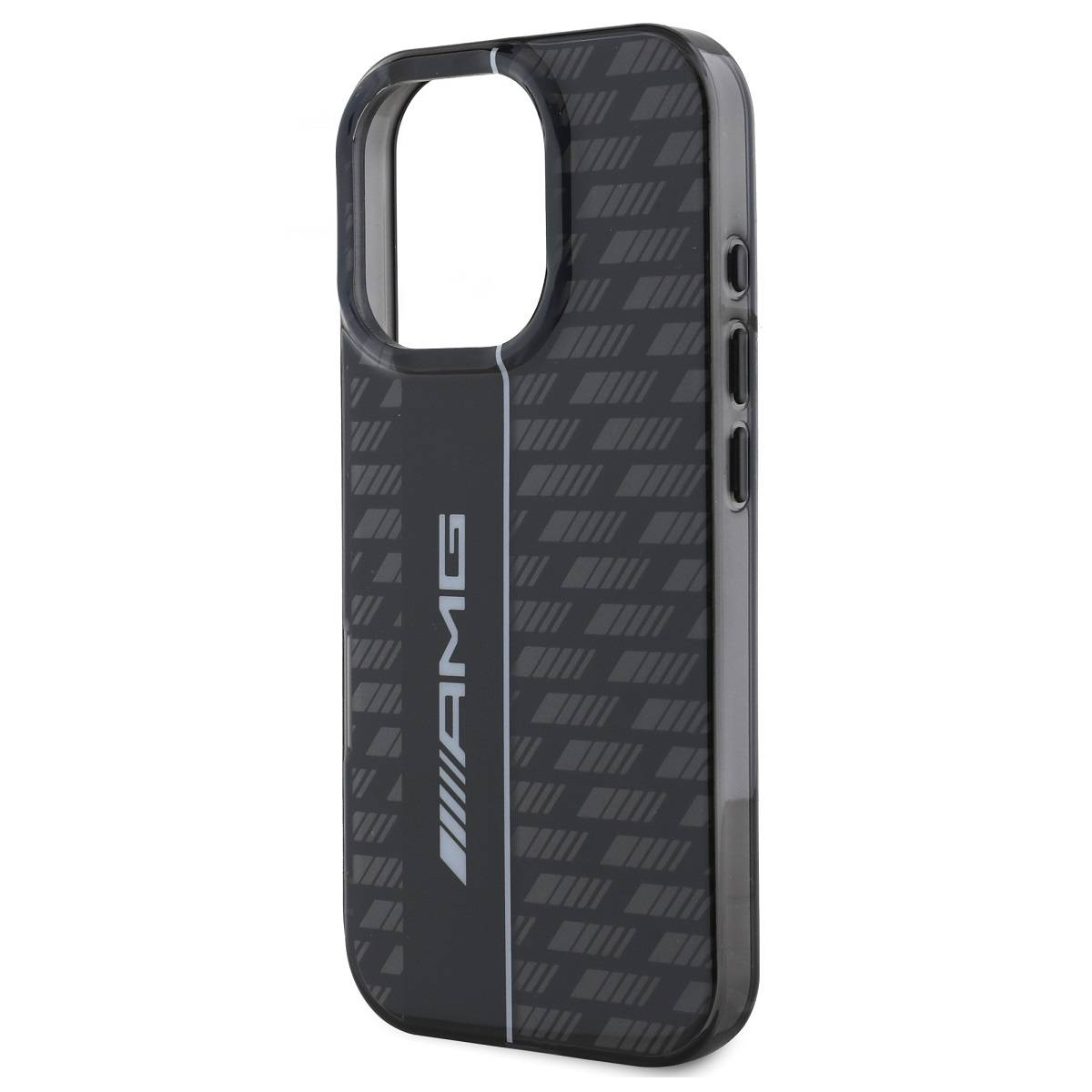 Custodia nera con logo AMG e motivo diagonale.