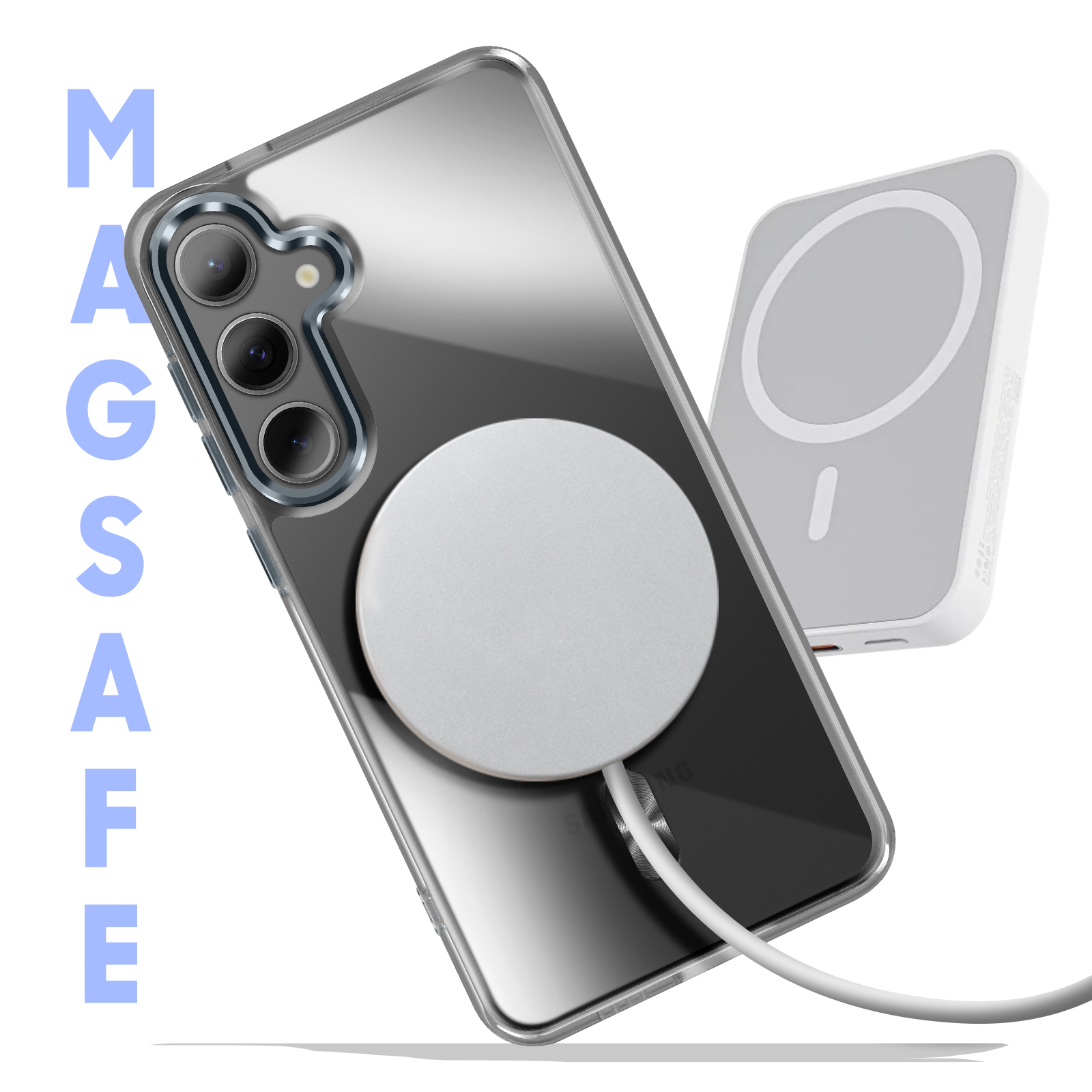 Telefono e caricabatterie MagSafe. Custodia trasparente con MagSafe bianco. Sfondo bianco.