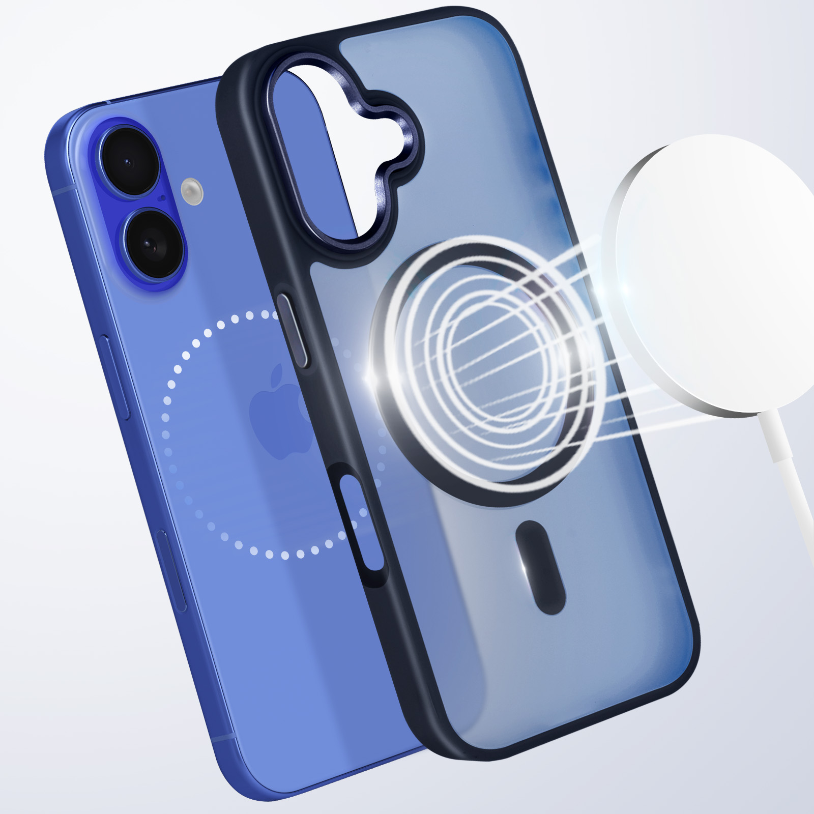 Custodia blu con caricatore bianco e telefono.