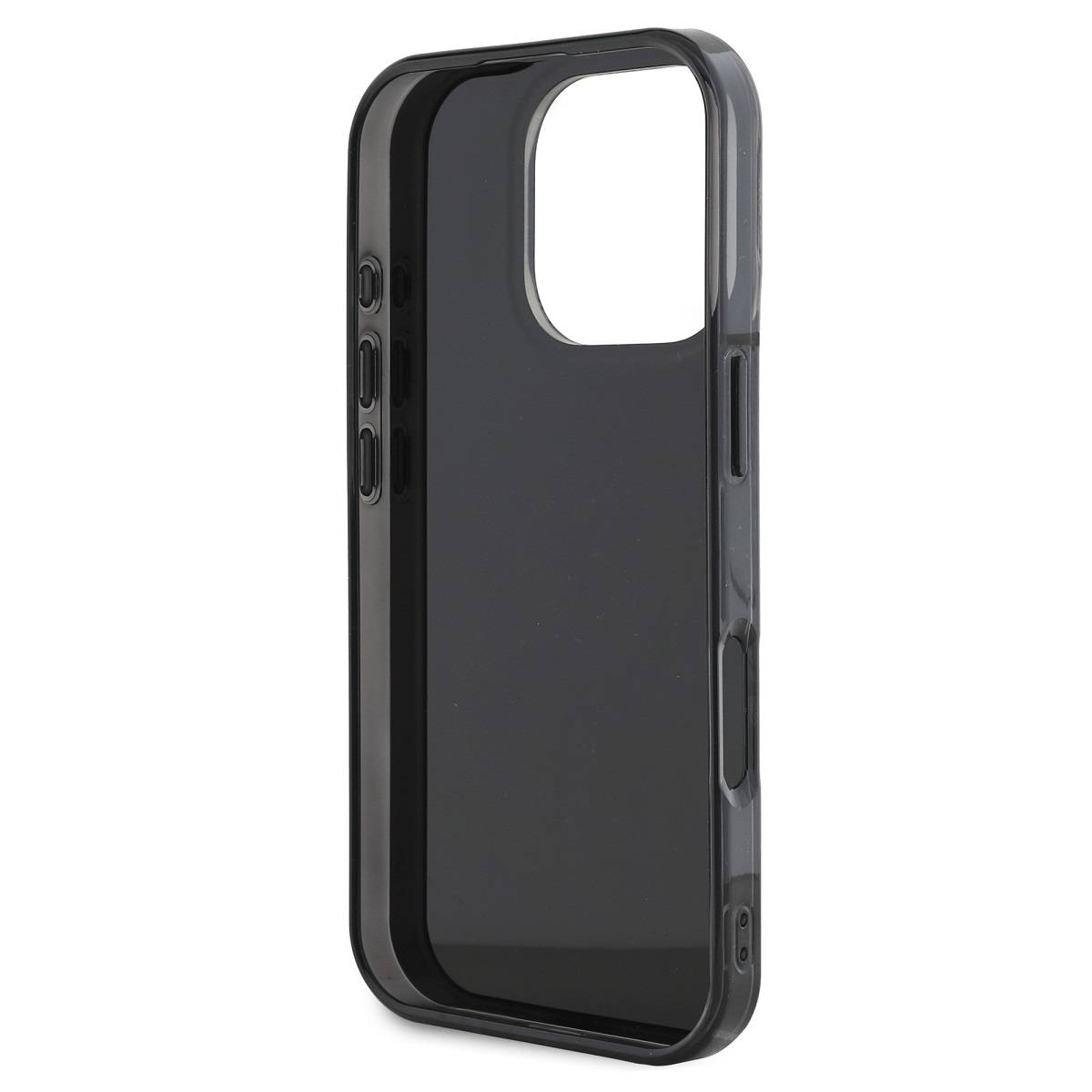 Custodia per telefono nera, vista laterale, con ritaglio per la fotocamera. La custodia è trasparente, mostra il contorno del telefono.