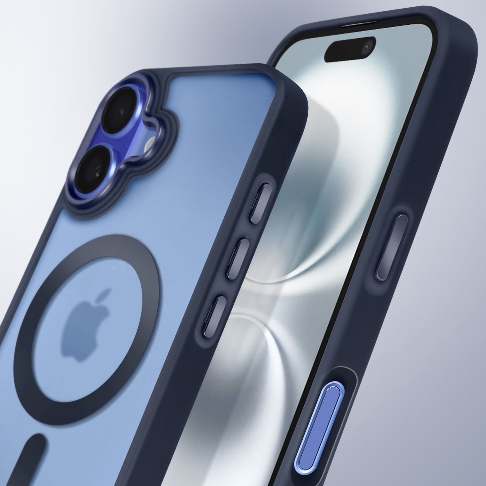 Due custodie per telefono blu scuro, una su un telefono. Le custodie hanno un anello MagSafe. Il telefono è bianco.