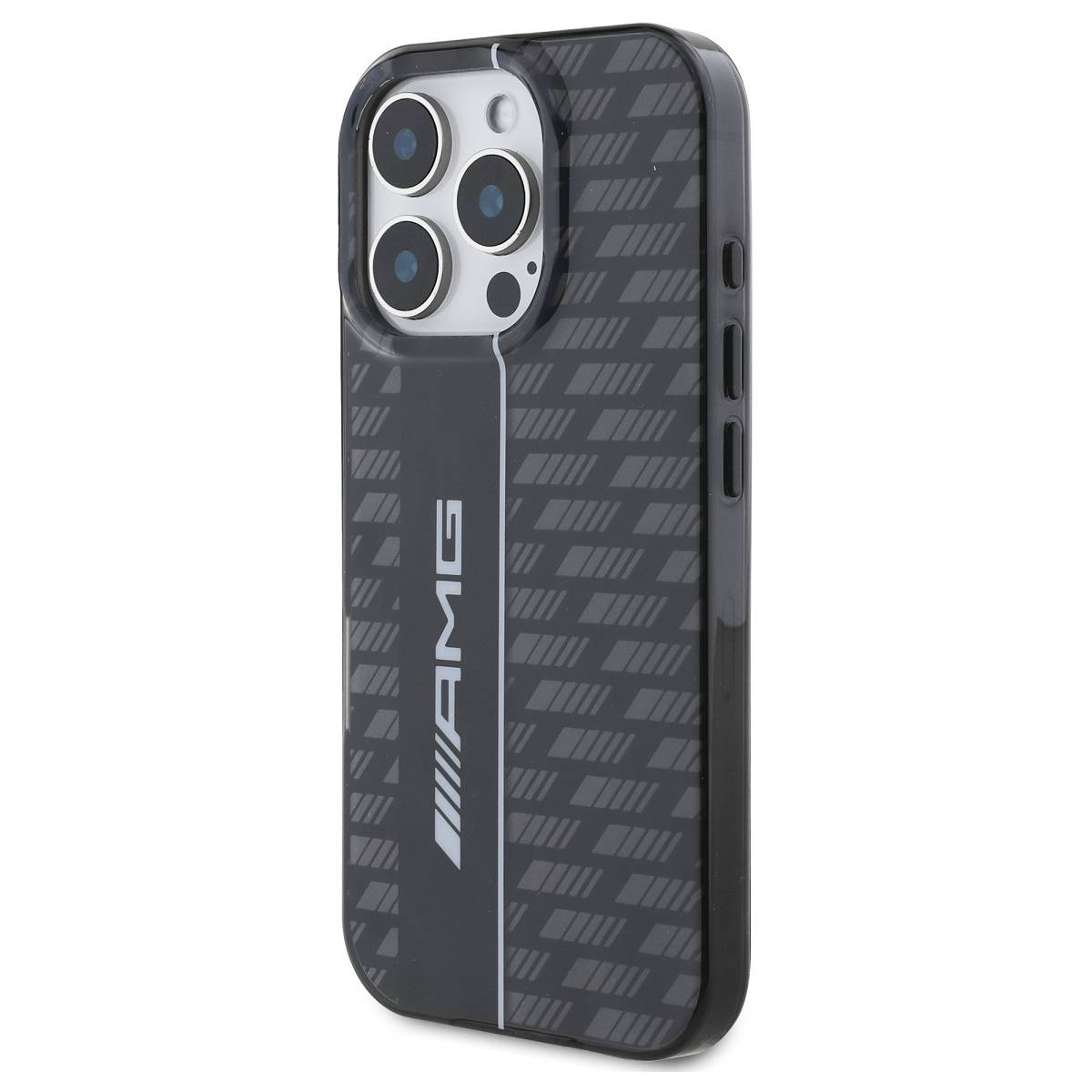 Una custodia per telefono nera con logo AMG e un motivo sul retro. Il telefono sembra essere un iPhone.