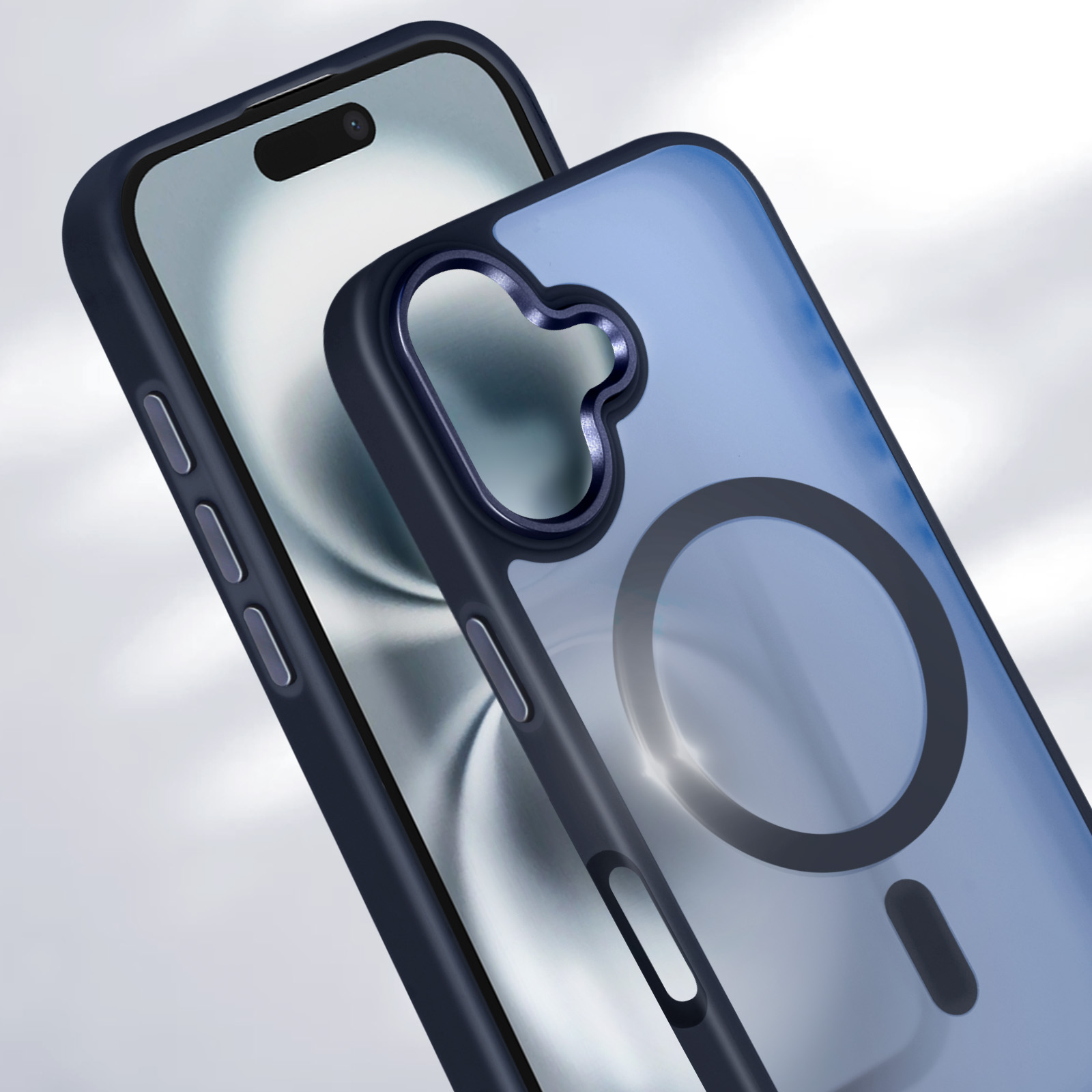 Custodia blu per iPhone con caricatore. Il telefono ha un logo Apple. Il caricatore è bianco.