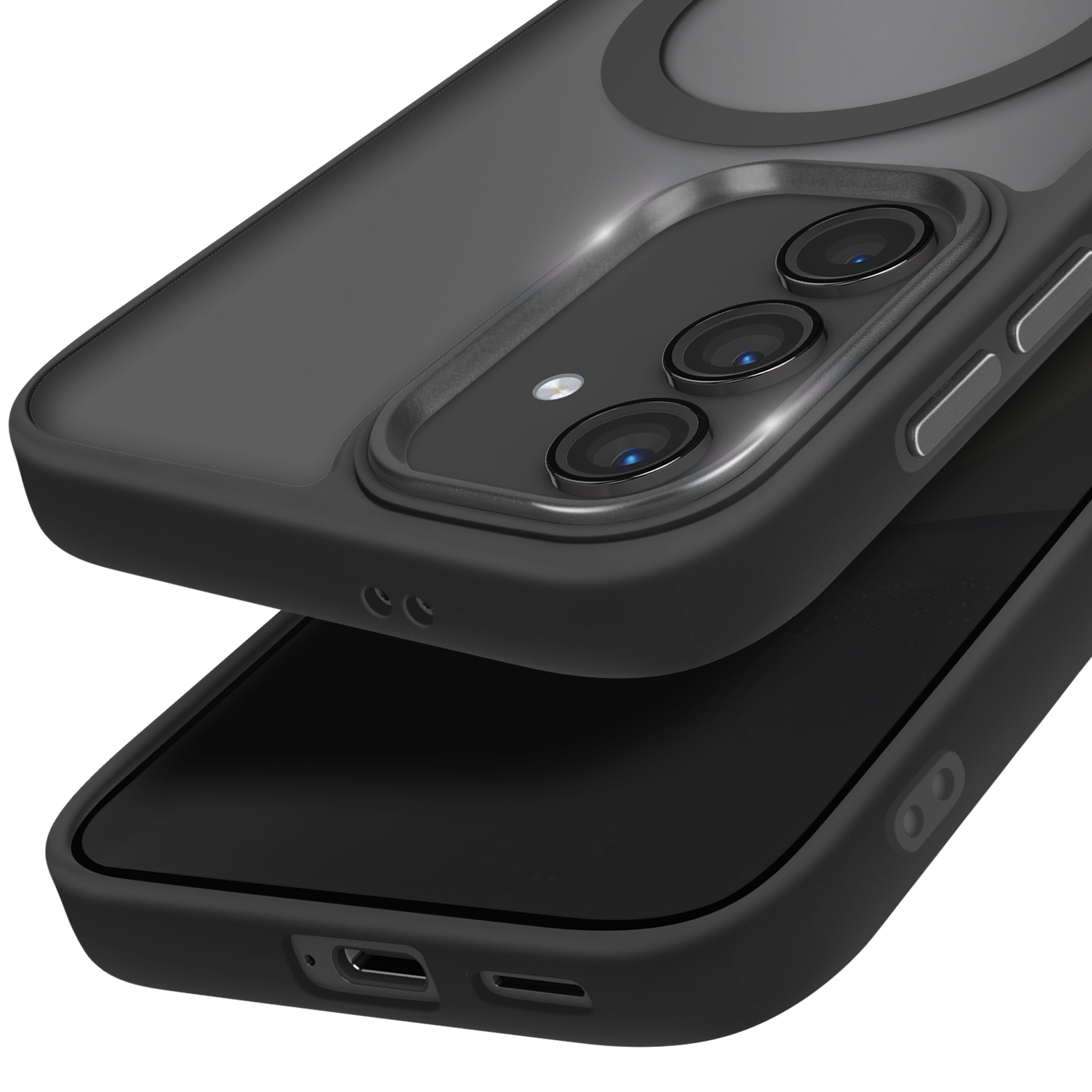 Custodia nera per telefono con tre obiettivi della fotocamera e porta di ricarica in basso.