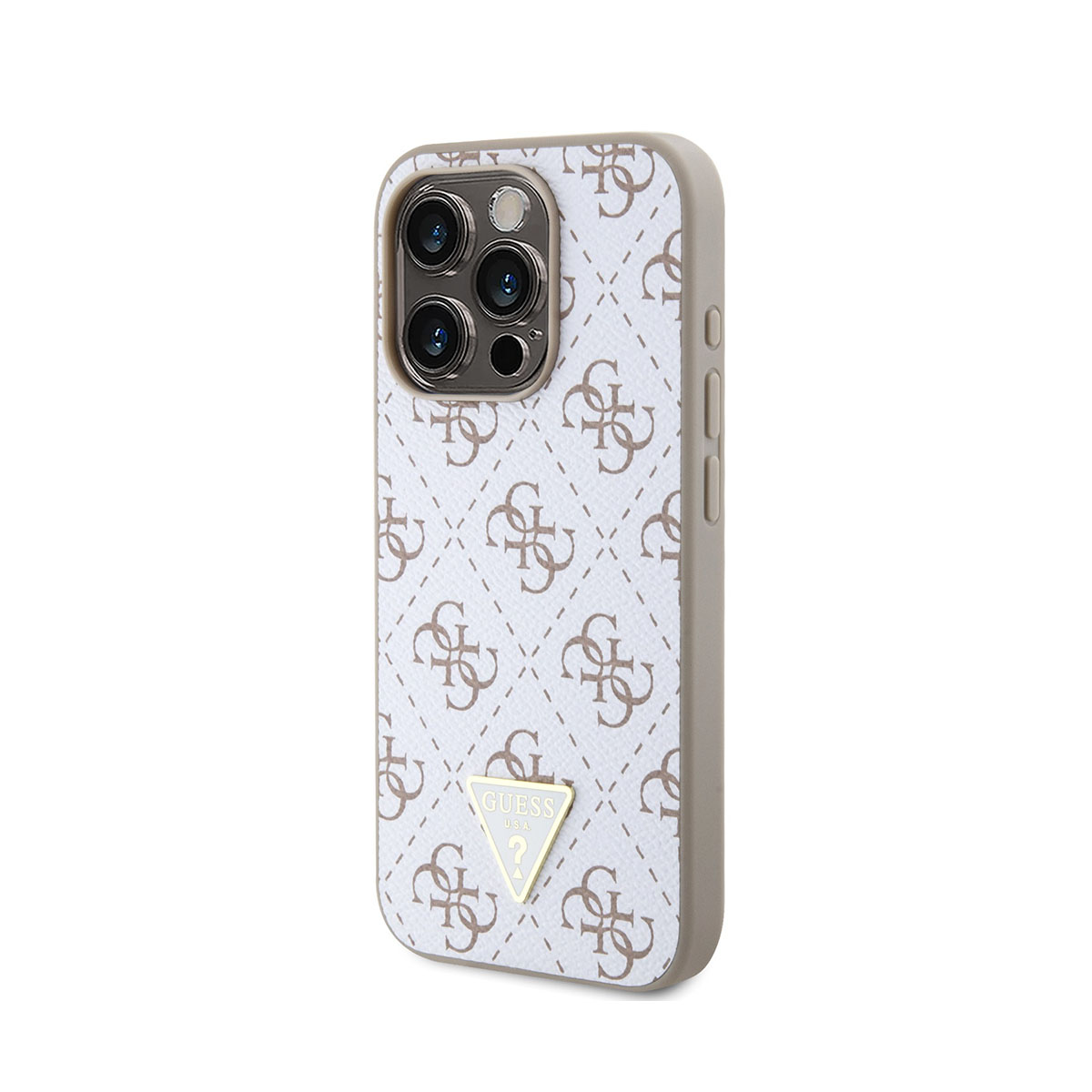 Telefon in einer weiß-beigen Hülle. Die Hülle hat ein sich wiederholendes Muster.