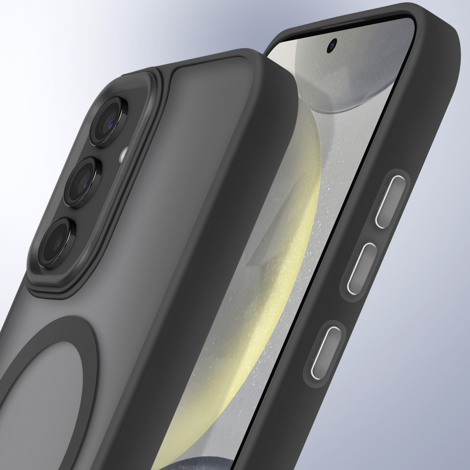 Custodia per telefono grigio scuro con MagSafe nero Apple. Il telefono è sullo sfondo.