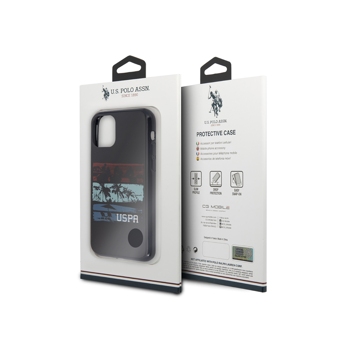Scatola con custodia per telefono. La custodia ha un design con palme. La scatola ha testo e logo.