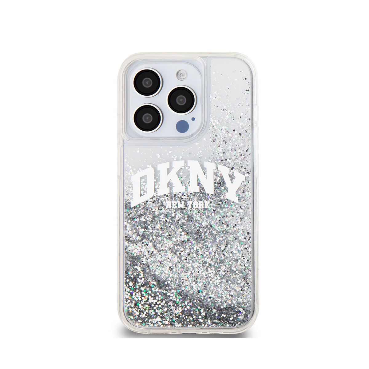 Custodia trasparente con glitter e testo DKNY. La custodia è su sfondo bianco.