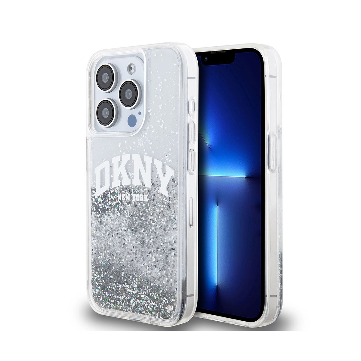 Custodia trasparente con glitter e logo DKNY.