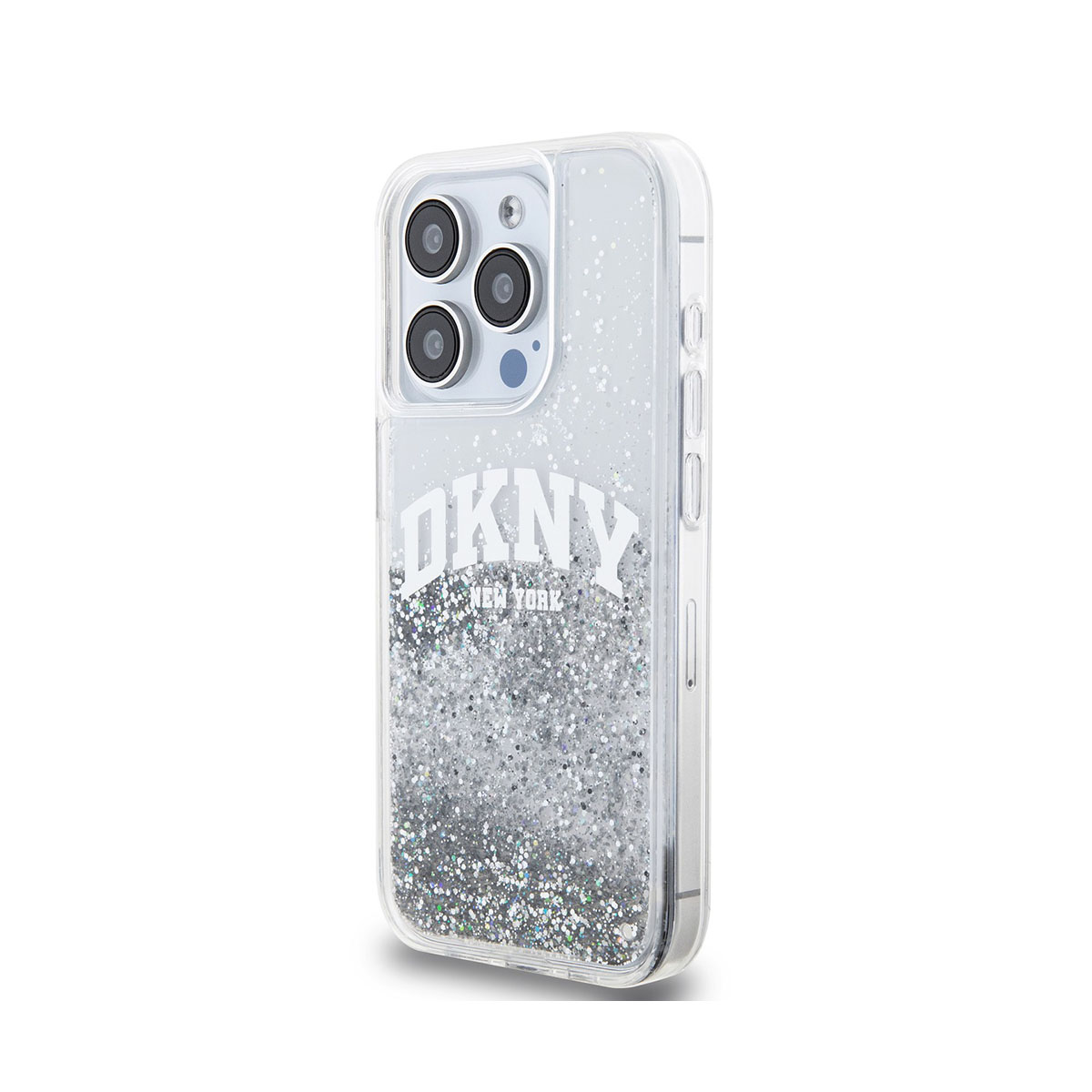 Custodia trasparente per telefono con glitter e logo DKNY. La custodia è trasparente e ha glitter argentati.