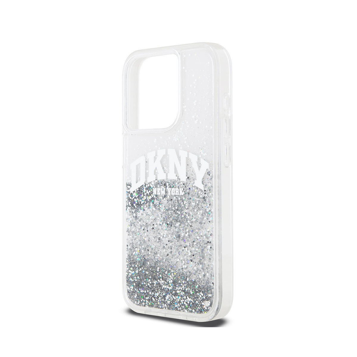 Custodia trasparente con glitter argento e logo DKNY bianco.