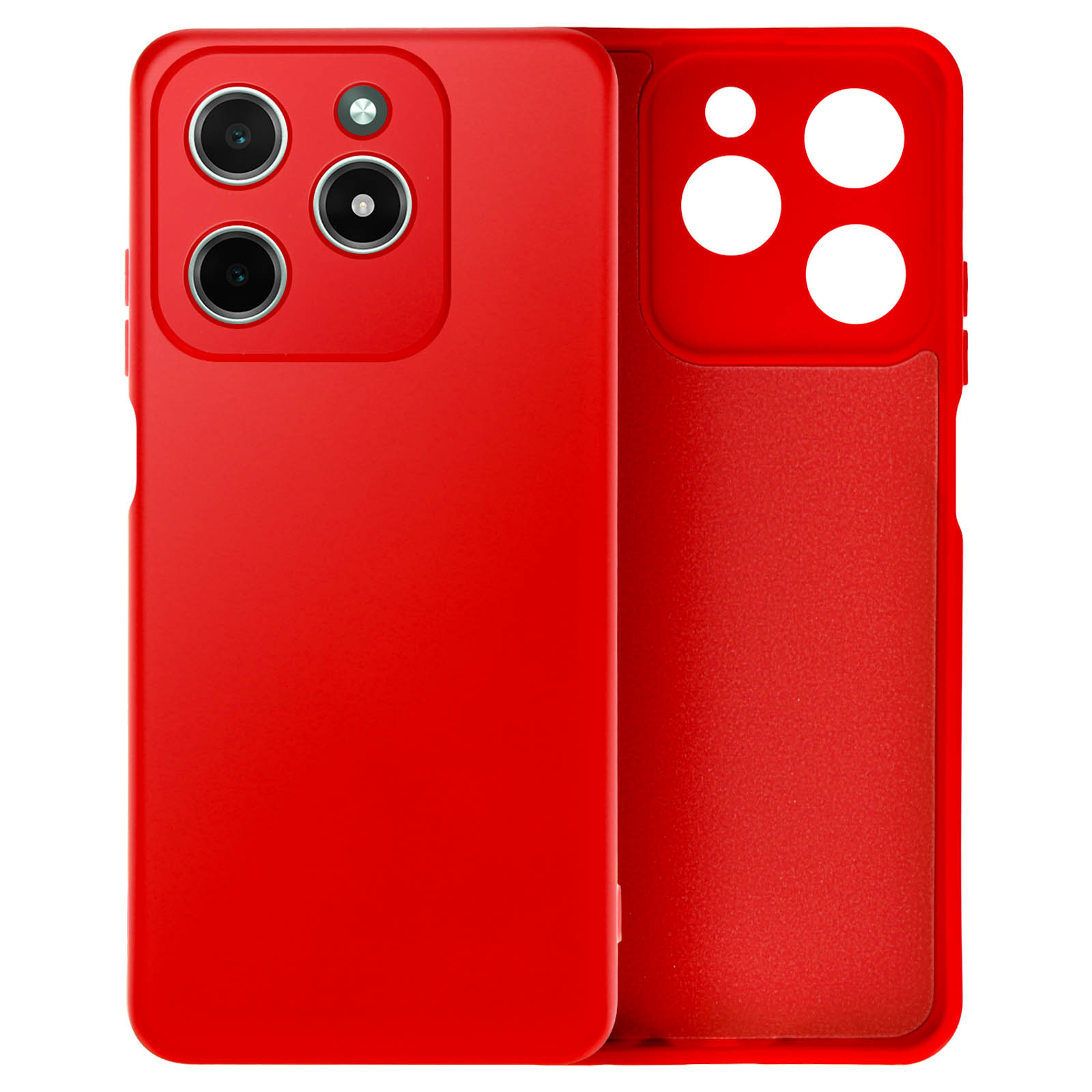 Custodia rossa, con fori per fotocamera e pannello posteriore rosso separato.