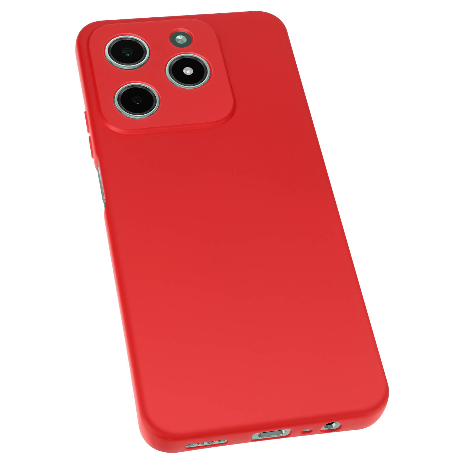 Custodia per telefono rossa con ritaglio per fotocamera a tripla lente e corpo rosso.