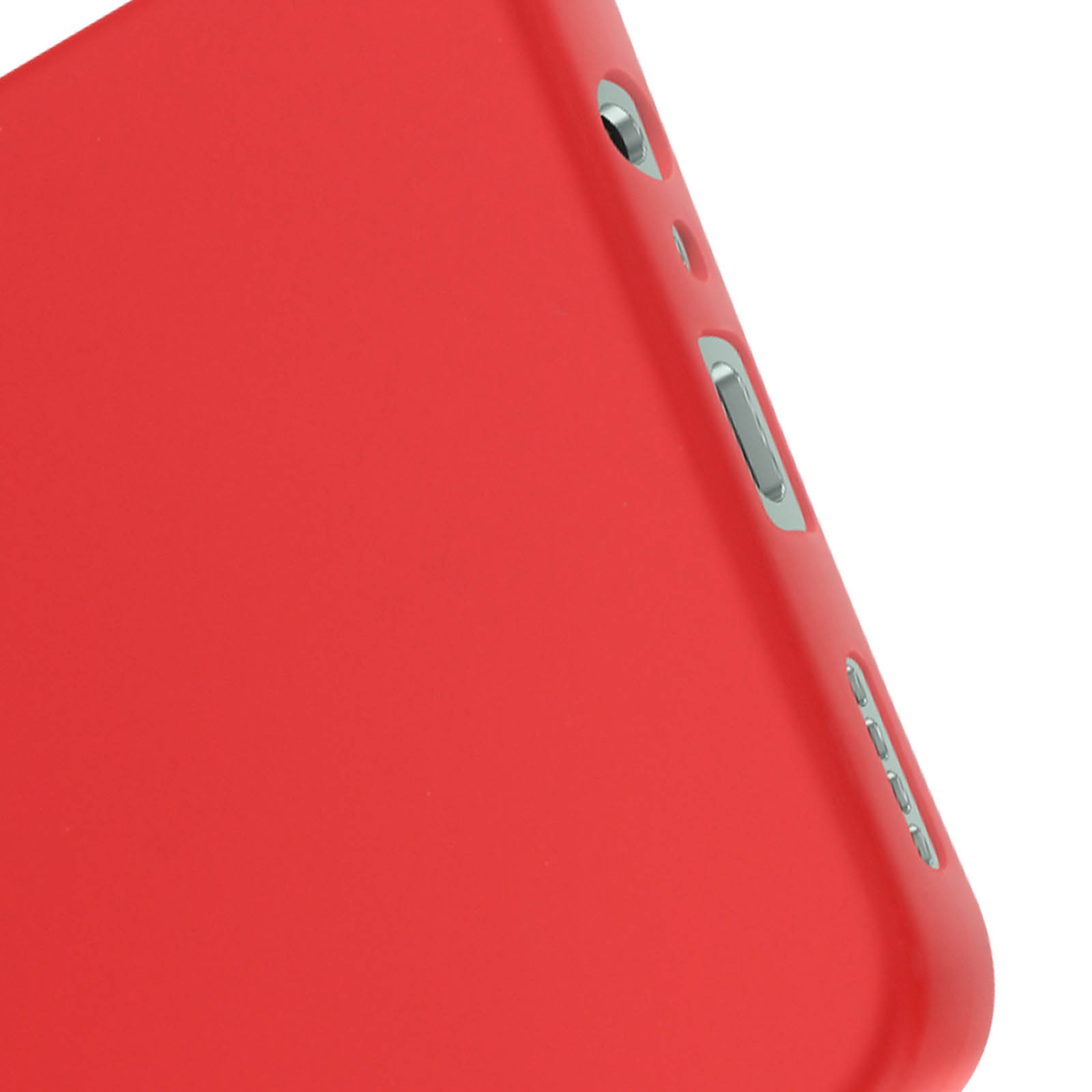 Primo piano di una custodia rossa per telefono. Mostra il lato con i pulsanti e le aperture.