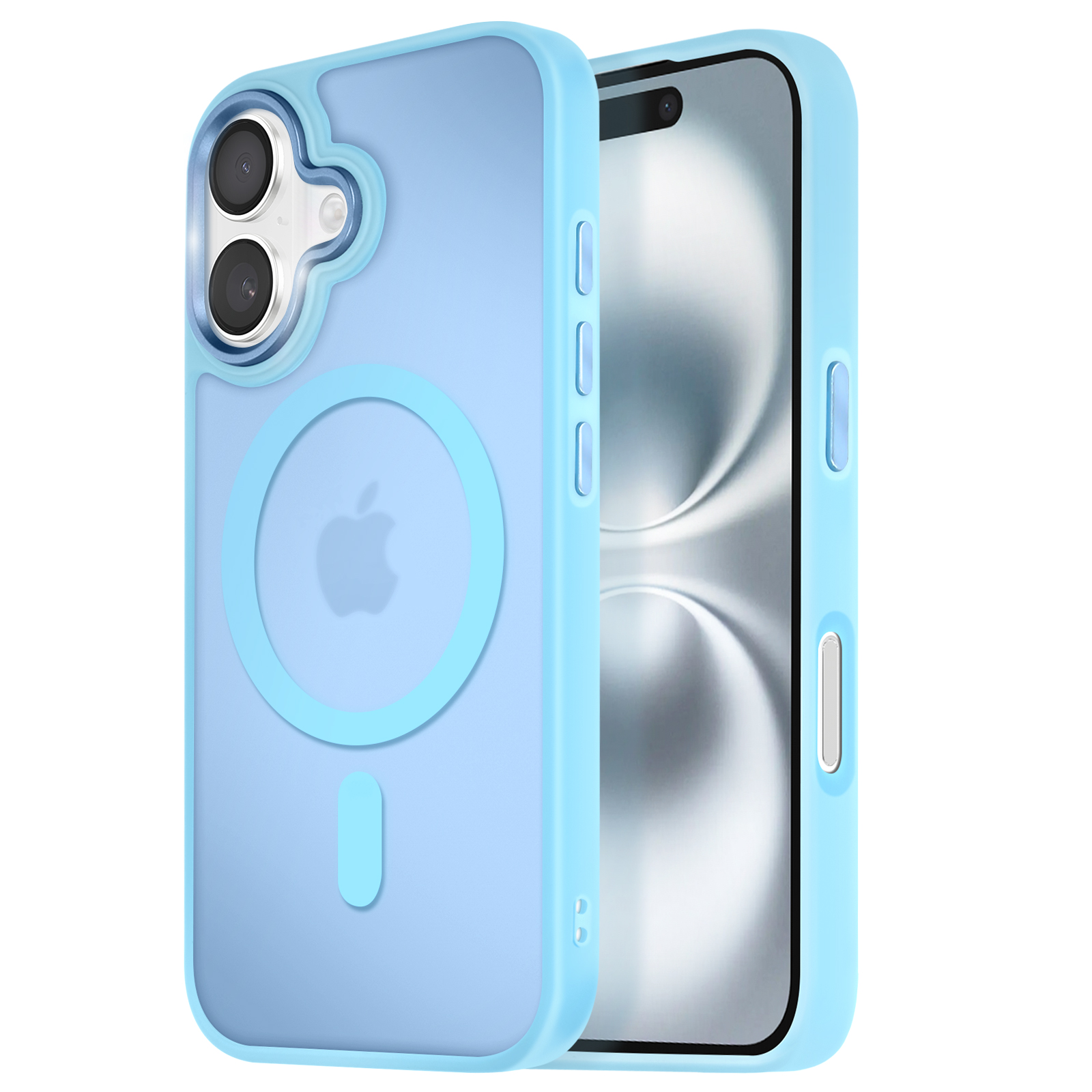 Custodia per telefono azzurra con logo Apple visibile.