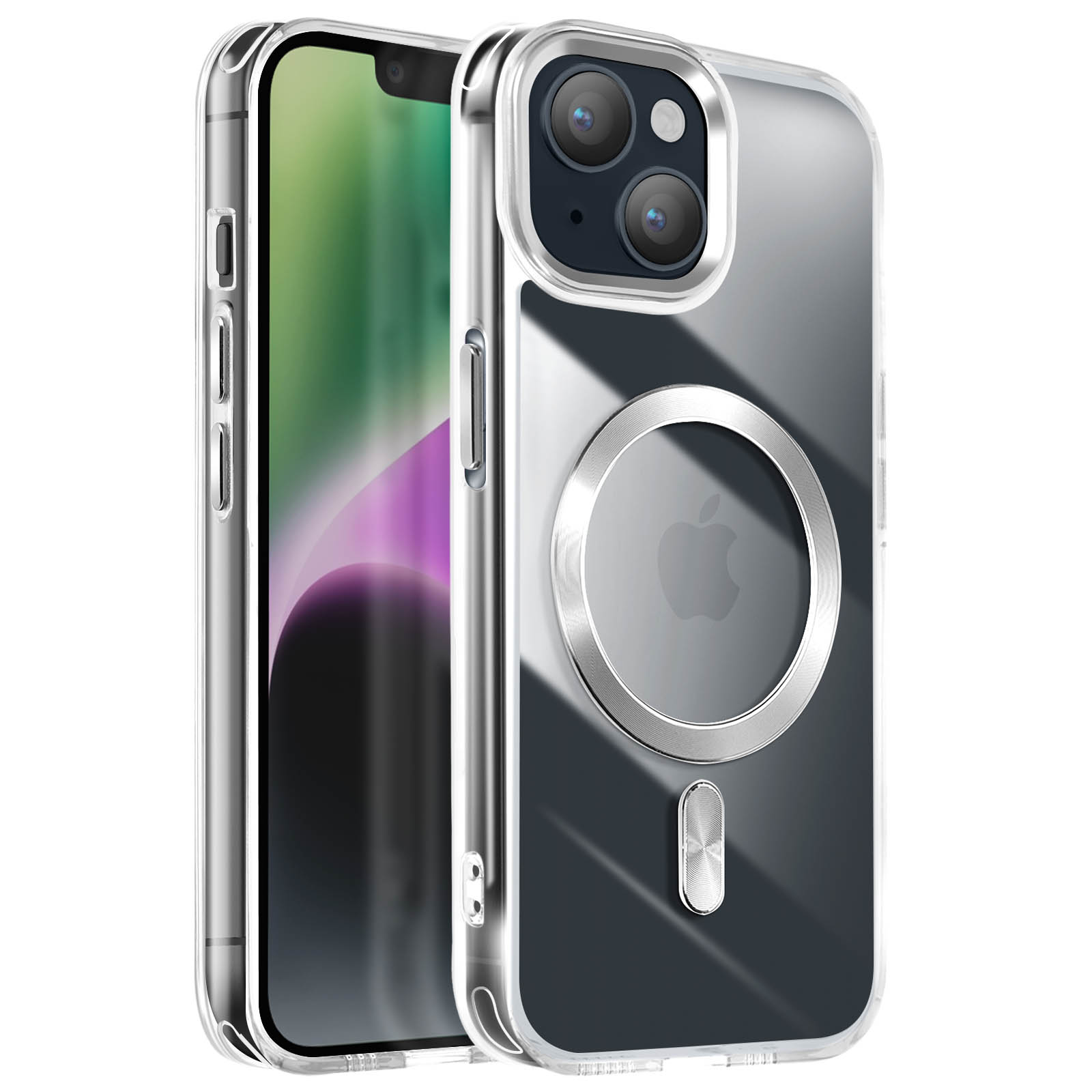 Custodia trasparente per telefono con un cerchio magnetico argentato sul retro. L'iPhone è all'interno della custodia.