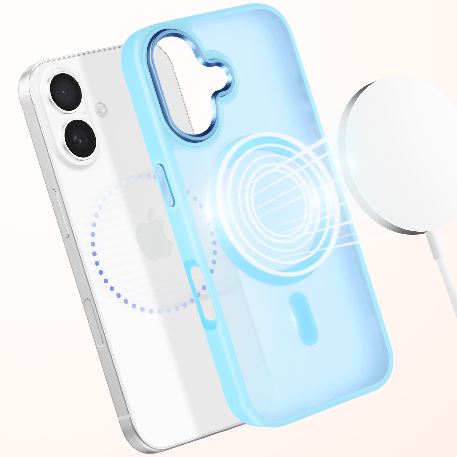 Custodia blu accanto a un telefono bianco e un caricatore circolare bianco. Sfondo bianco.