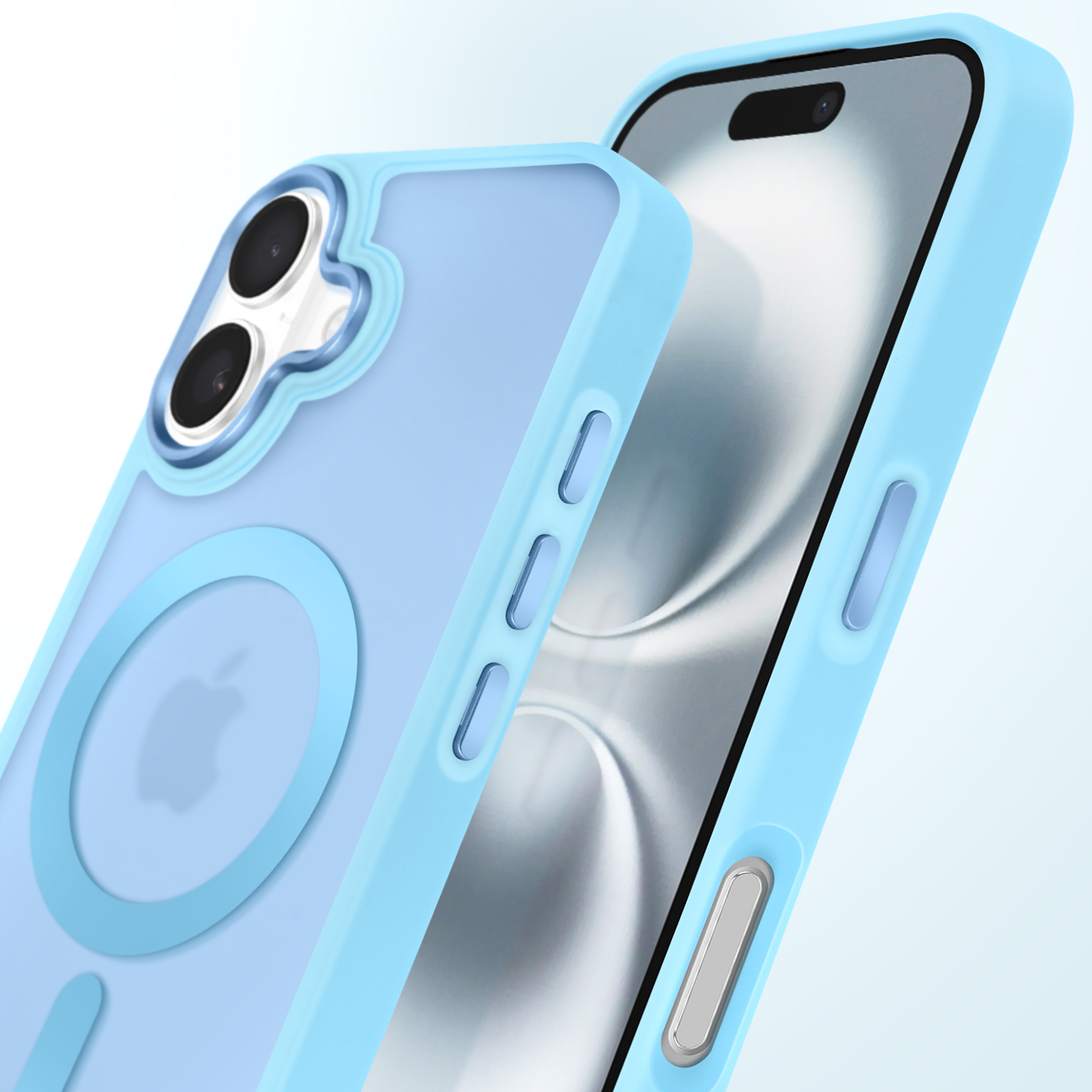 Una custodia per telefono blu con logo Apple. Il telefono è dentro. Lo sfondo è bianco.