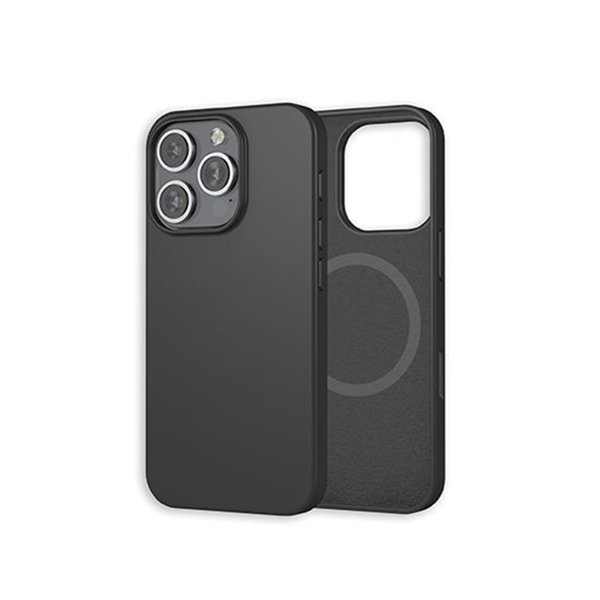 Custodia e telefono neri. La custodia ha ritagli per fotocamera e cerchio MagSafe.