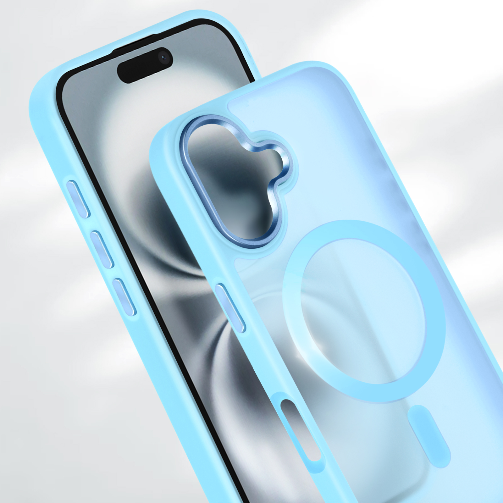 Custodia blu con dettaglio a cerchio azzurro. Schermo del telefono visibile. Sfondo sfocato.