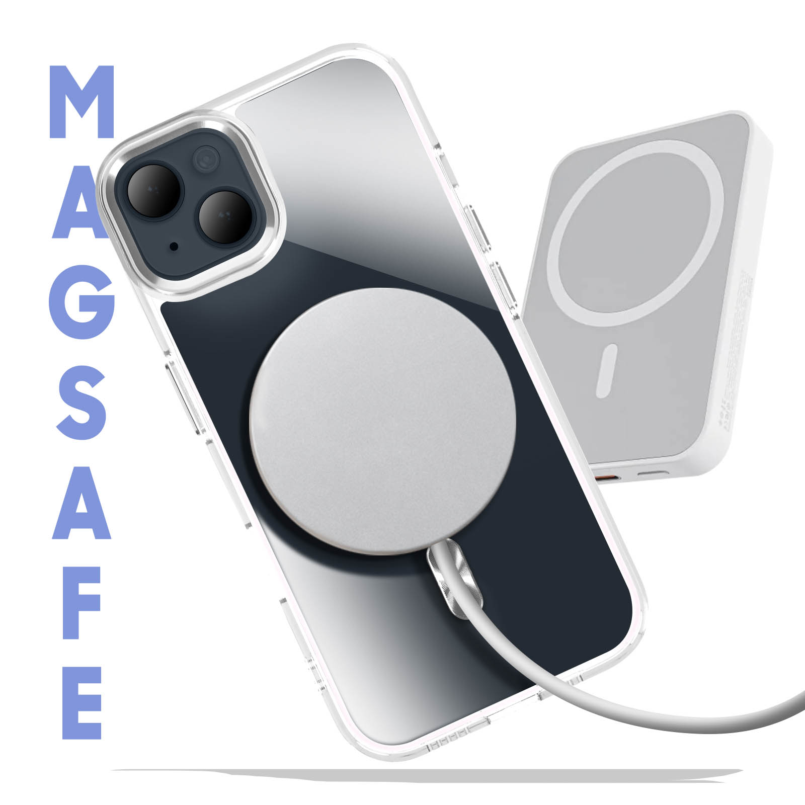 Una custodia bianca per telefono con anello MagSafe è accanto a un caricatore MagSafe. La custodia è su un telefono.