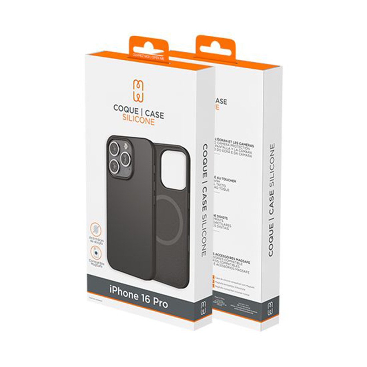 Due scatole per custodie per telefono, bianco e nero, etichetta iPhone 16 Pro. Sfondo bianco.