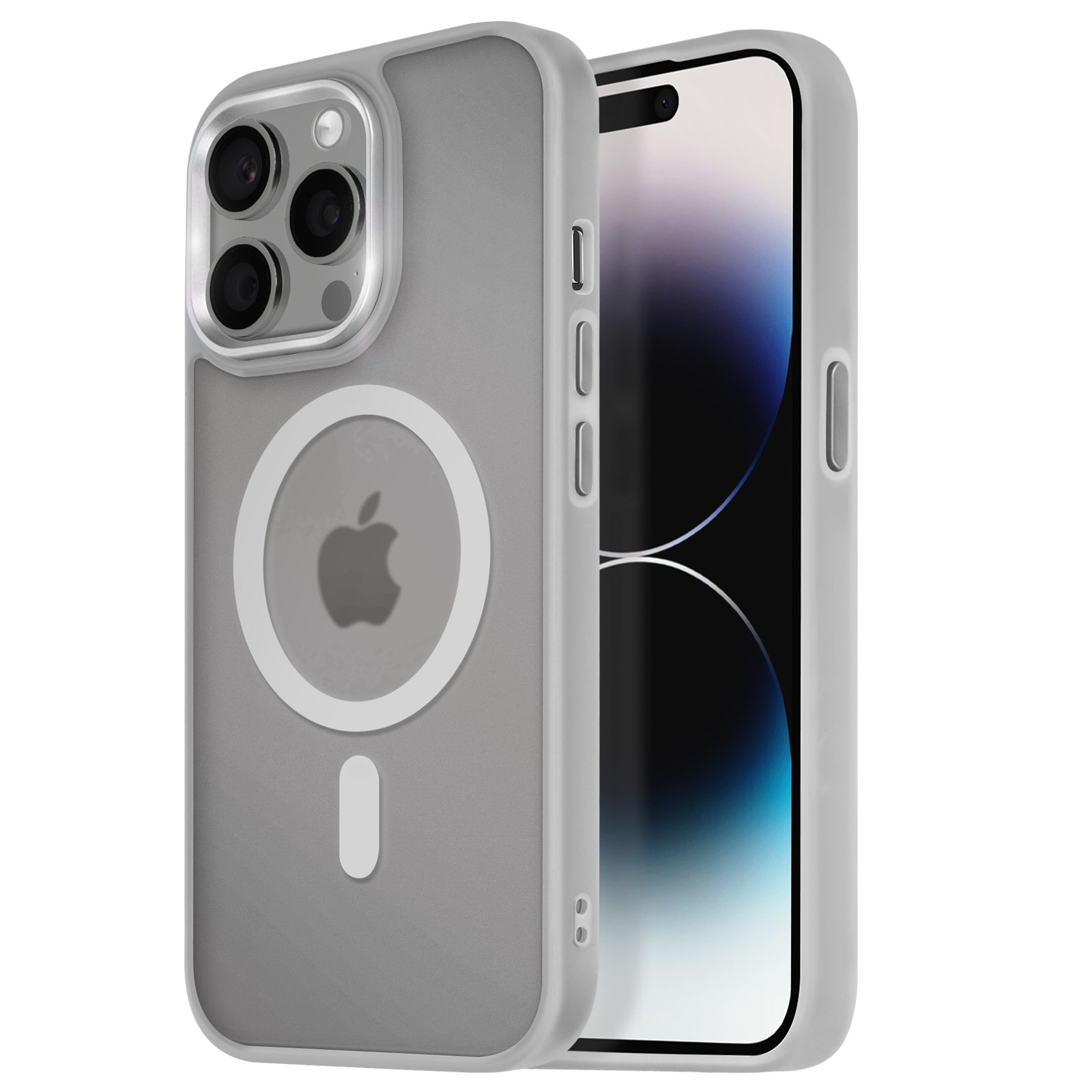 Custodia grigia in due pezzi con logo Apple e tre fotocamere posteriori, il telefono a destra.